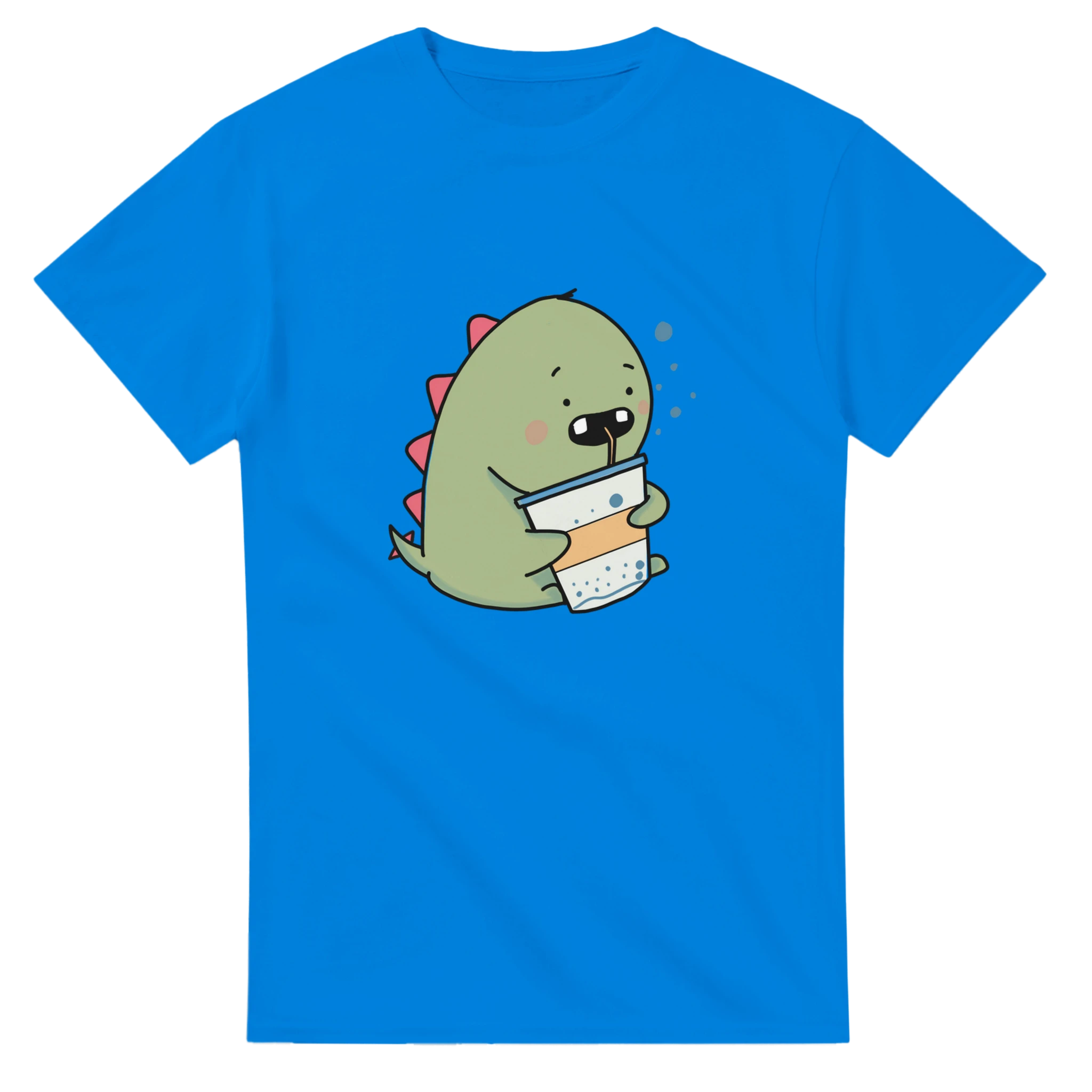 A blue t-shirt with a cartoon dinosaur holding a cup of coffee.