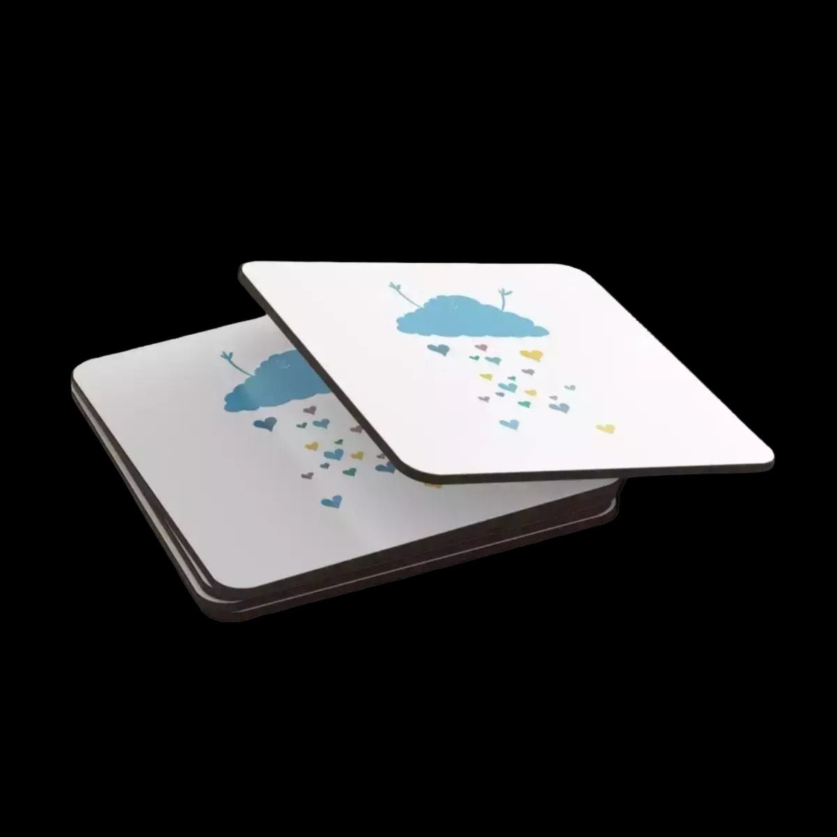 a pair of square coasters with a cloud design and heart-shaped raindrops on them.