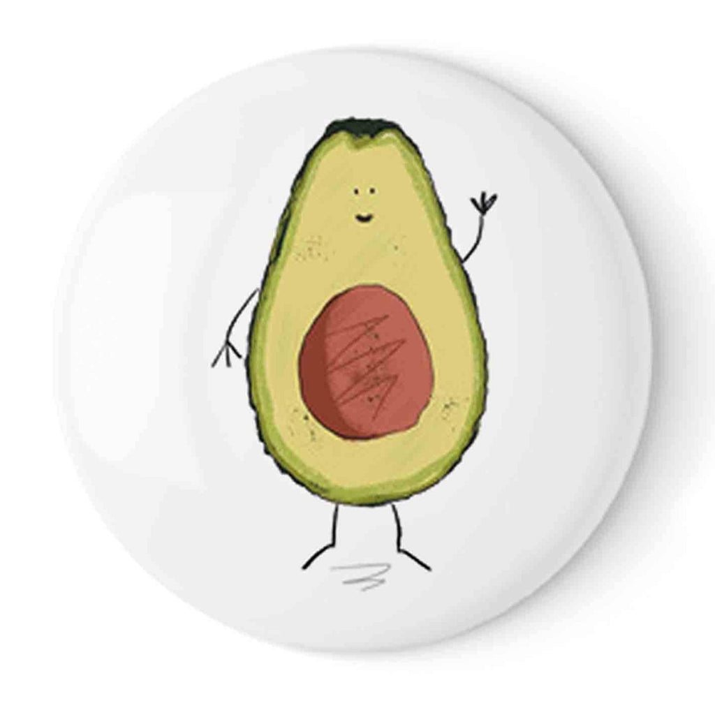 A Fridge Magnet with a hand drawn Avocado character 