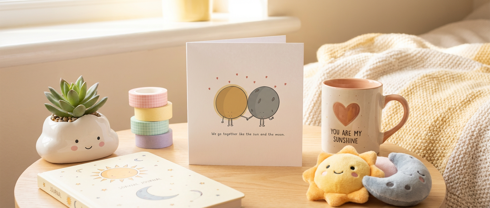 Decorative items including a plant, cards, and plush toys on a table with a cozy background.