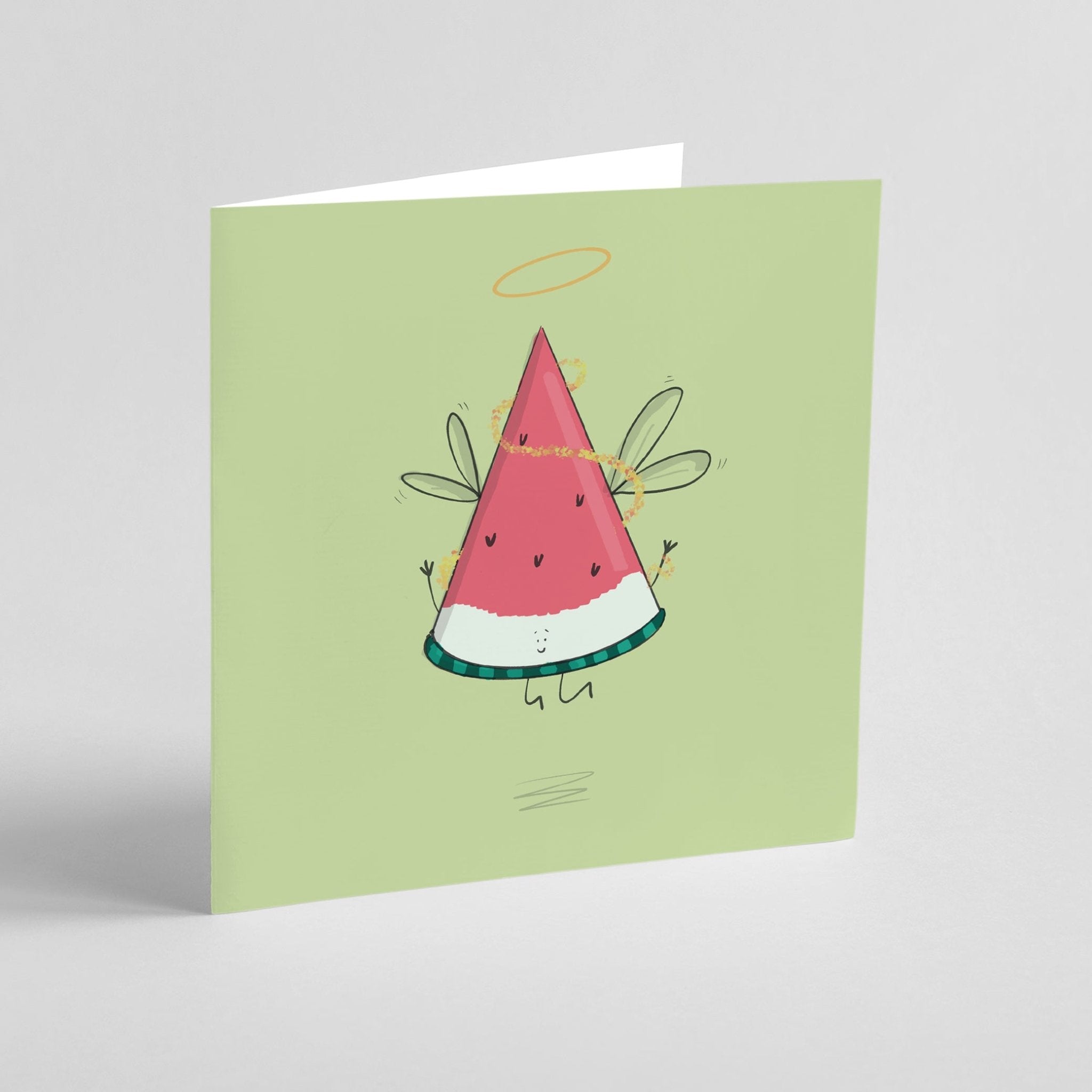 Greeting card with a watermelon character on a light green background