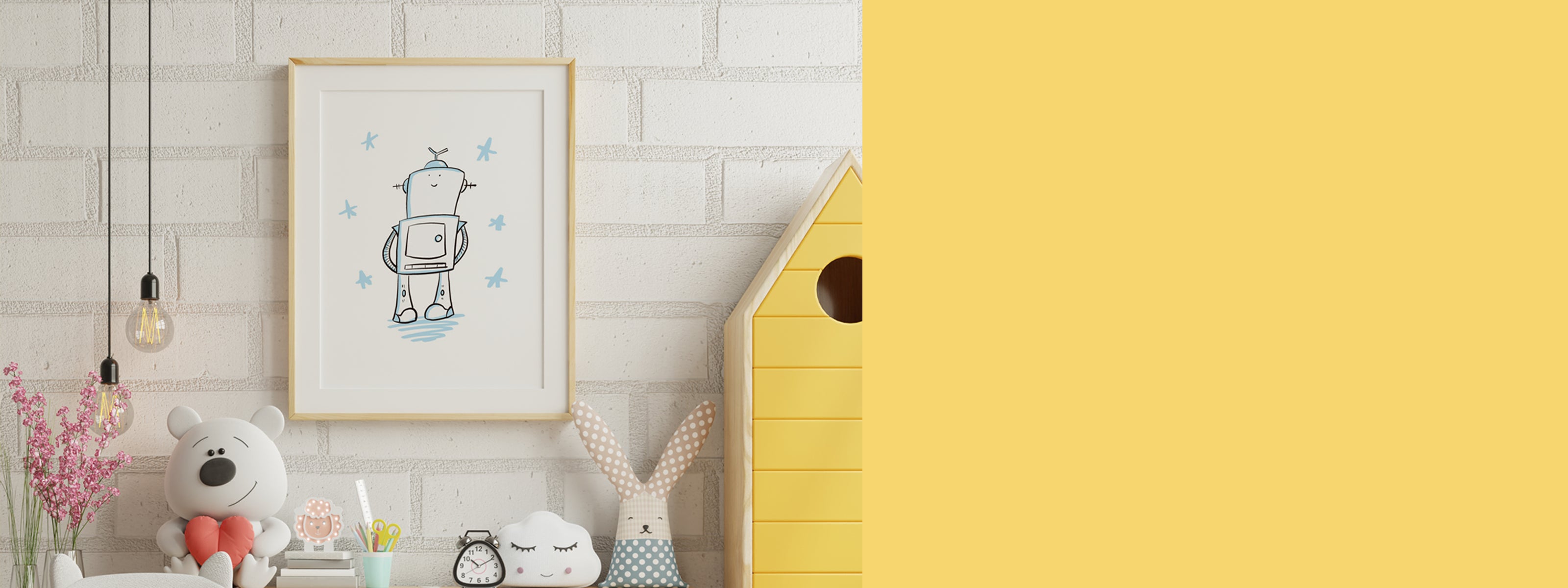 Children's room with a robot illustration, teddy bear, and bunny on a white brick wall.