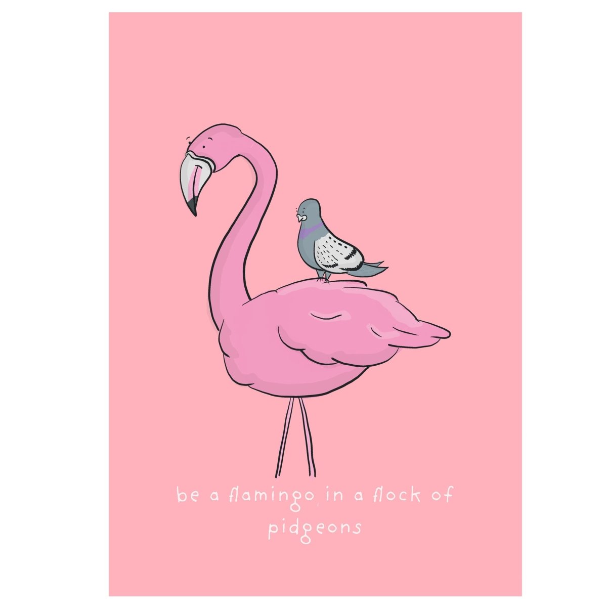 Illustration of a pink flamingo with a pigeon on its back against a pink background.
