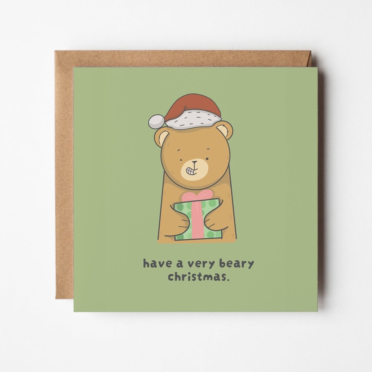Close-up view of Beary Christmas card showing premium 350gsm silk card quality and detailed illustration