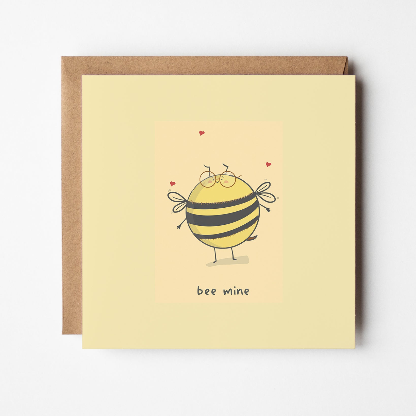 Bee Mine greeting card featuring cute smiling bumblebee with hearts and kawaii design