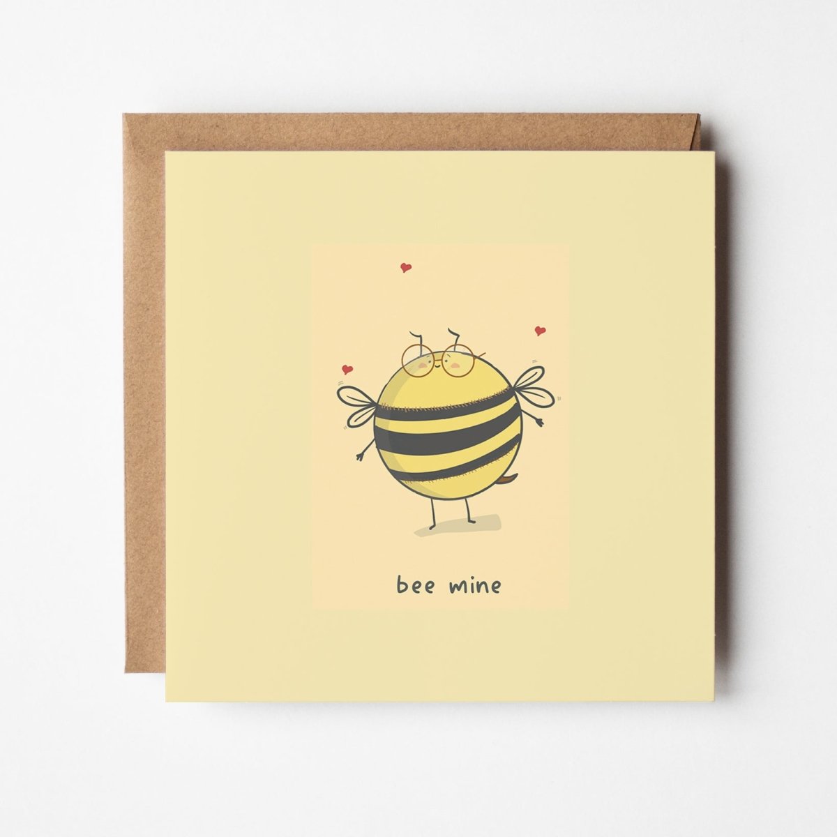 Bee Mine greeting card featuring cute smiling bumblebee with hearts and kawaii design