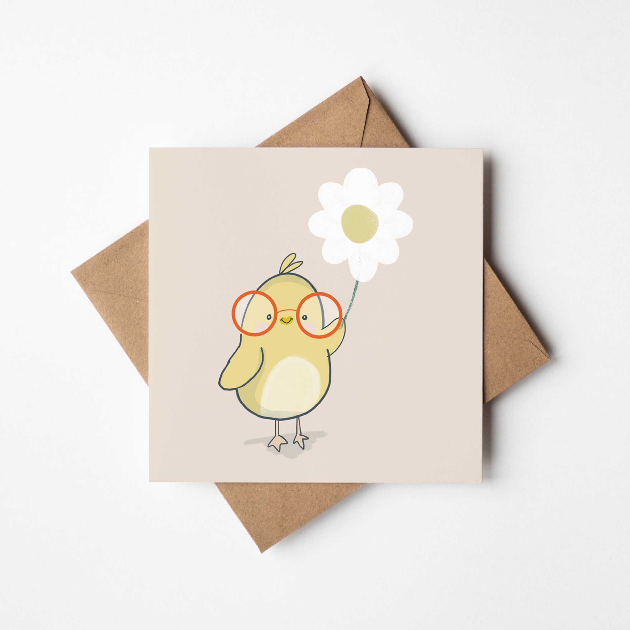 Greeting card with adorable bird character and flower illustration on a light brown background