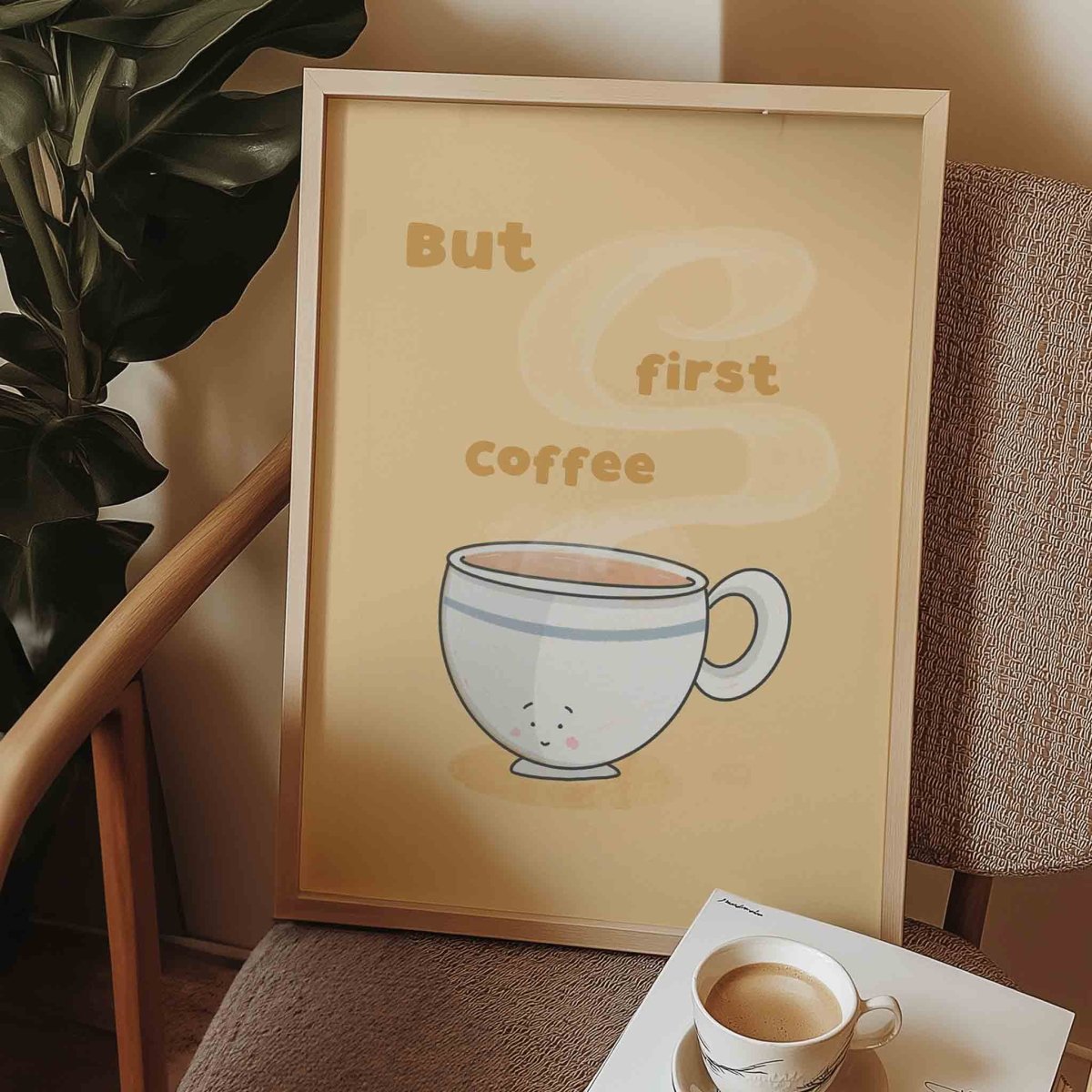 Coffee quote art print on a kitchen chair