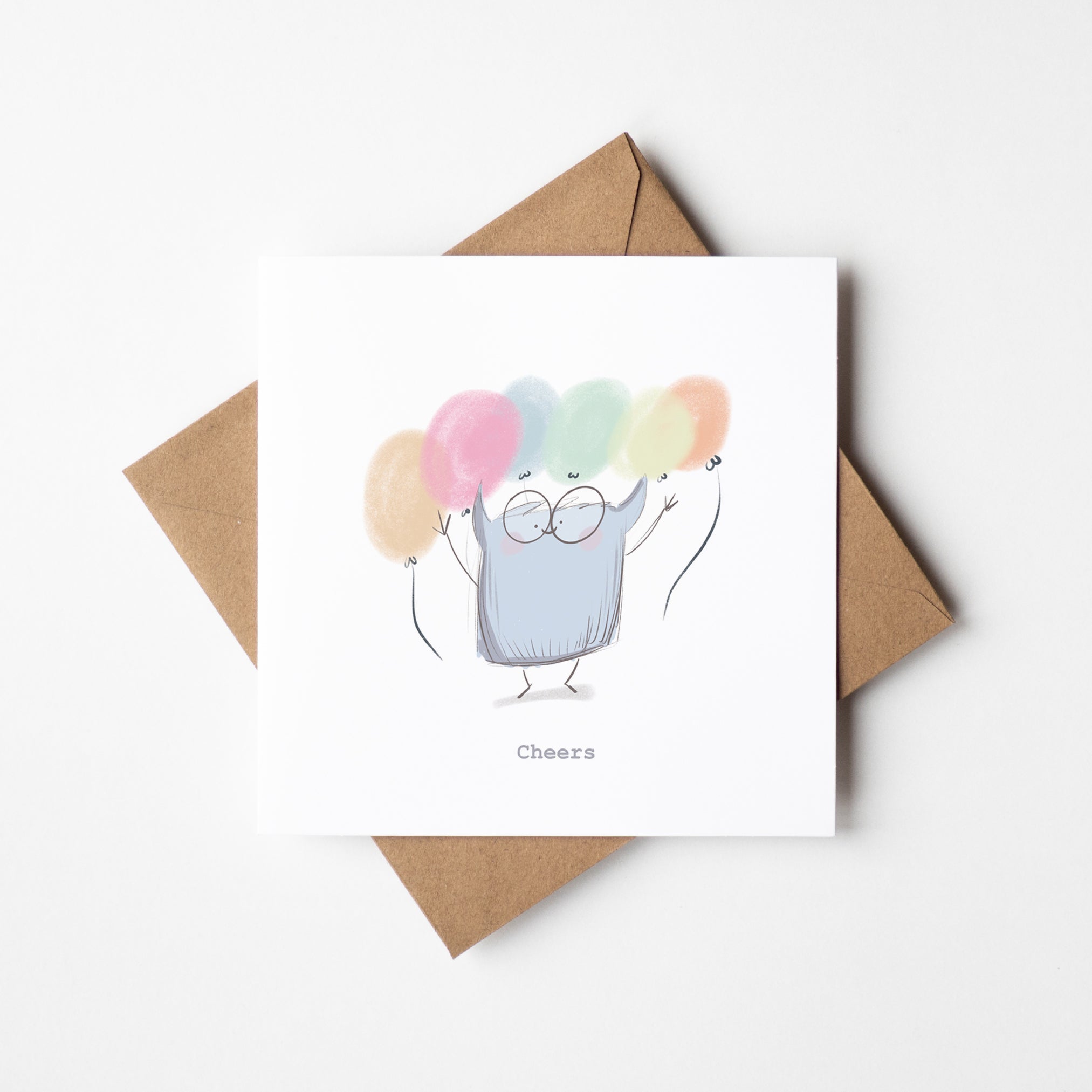Greeting card with joyful character and pastel balloons on cream background