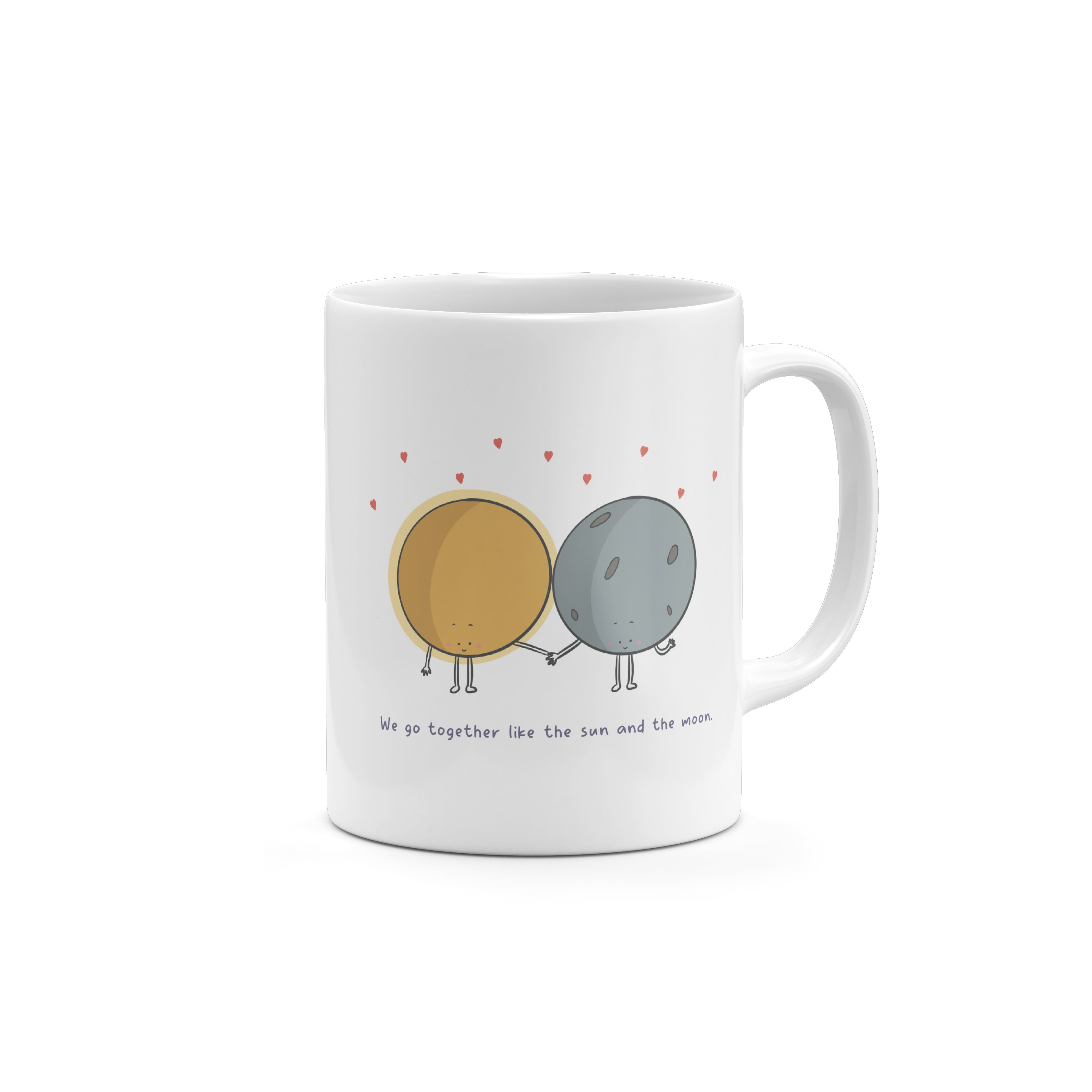 Sun and Moon coffee mug with smiling celestial characters holding hands – kawaii romantic mug UK