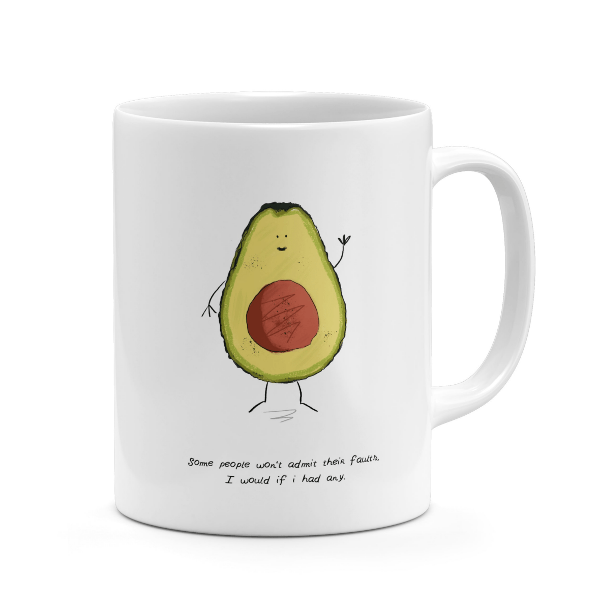 White mug with an avocado character illustration and text on a white background