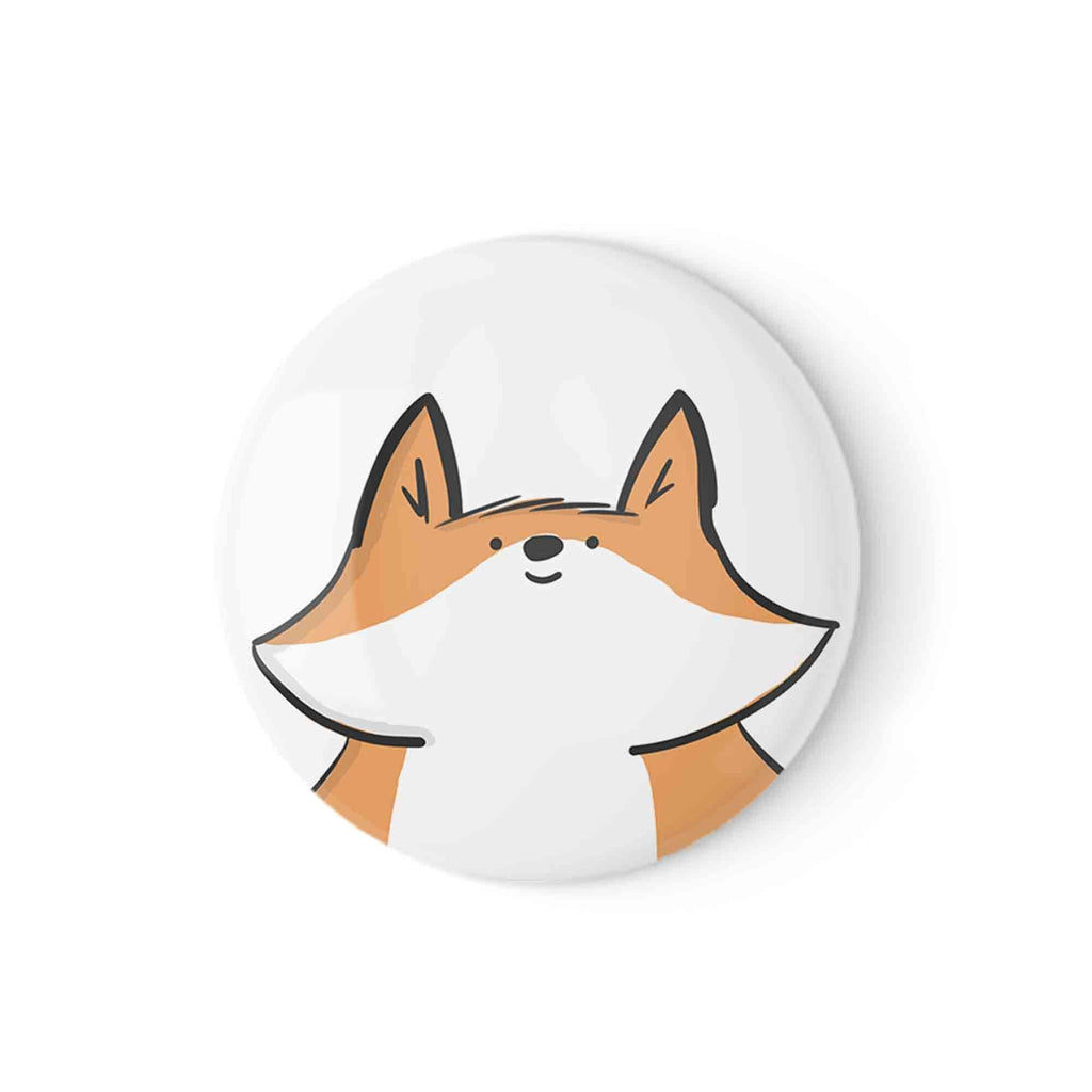 Button badge featuring a cute, minimalist illustration of a fox's face on a white background
