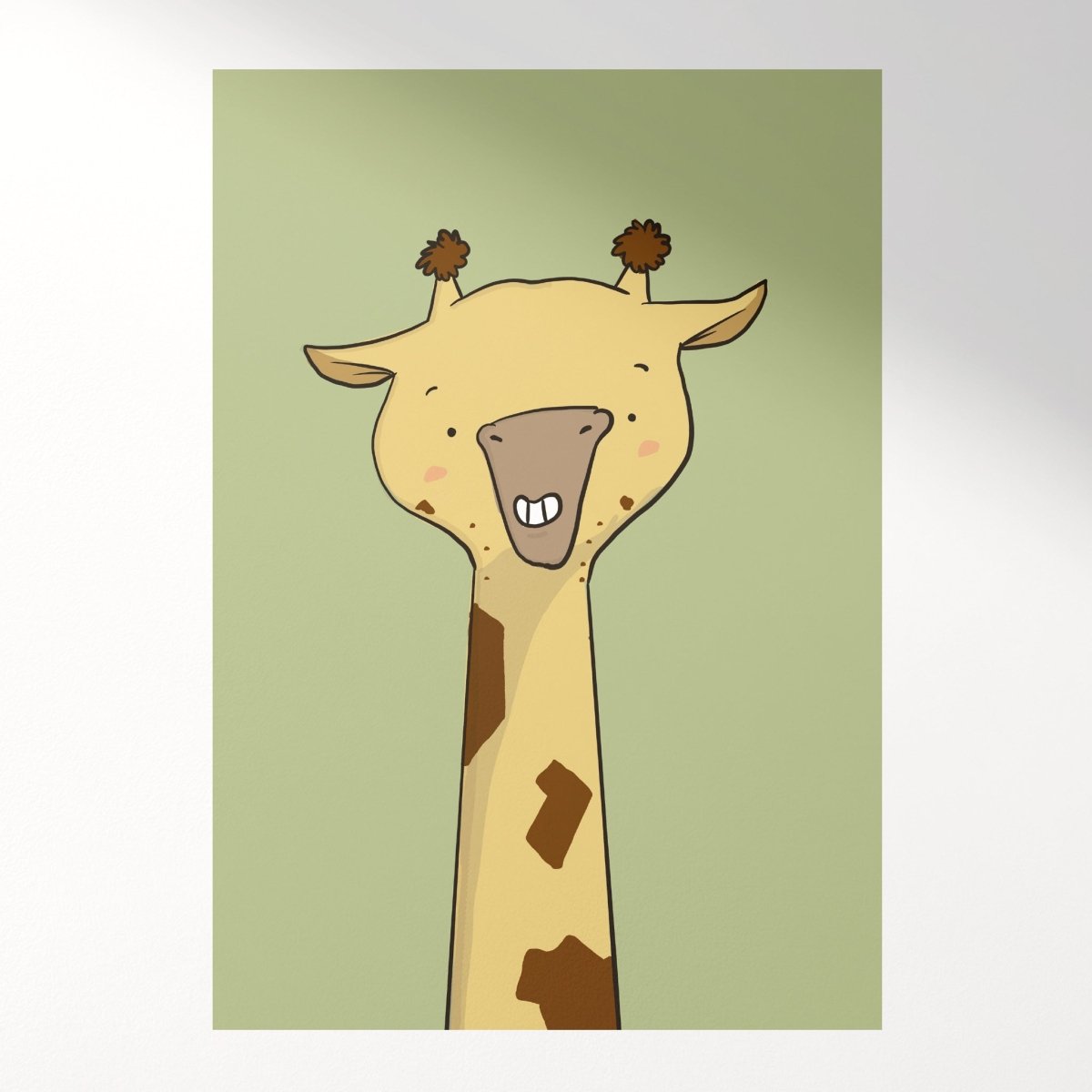 A cartoon illustration of a giraffe with a happy expression, featuring a green background.