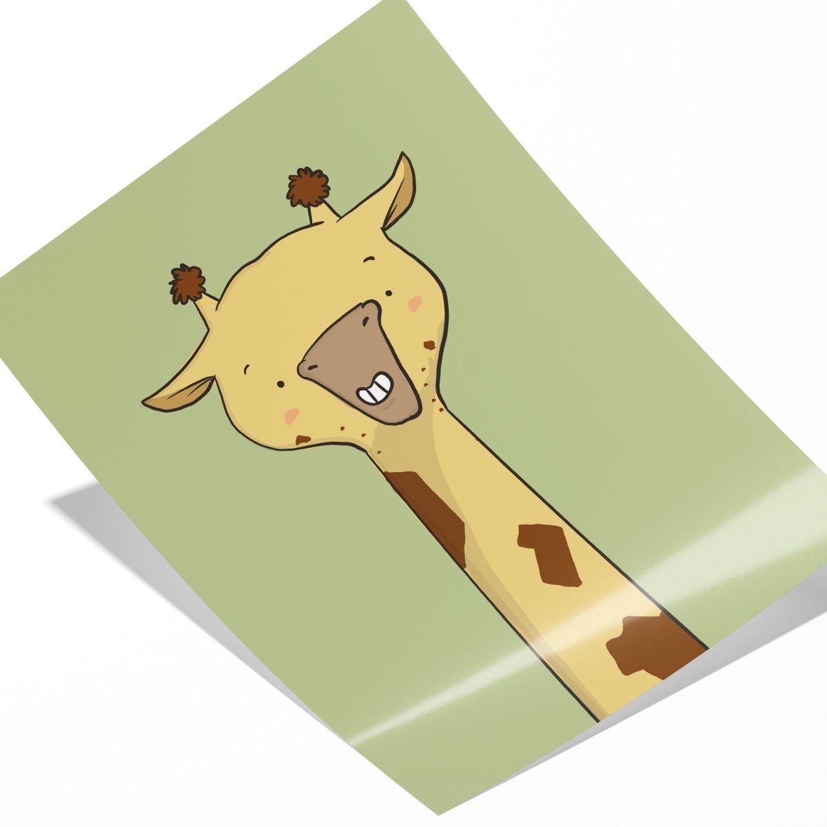 A cartoon illustration of a giraffe with a happy expression, featuring a yellow body, brown spots, and two small horns.