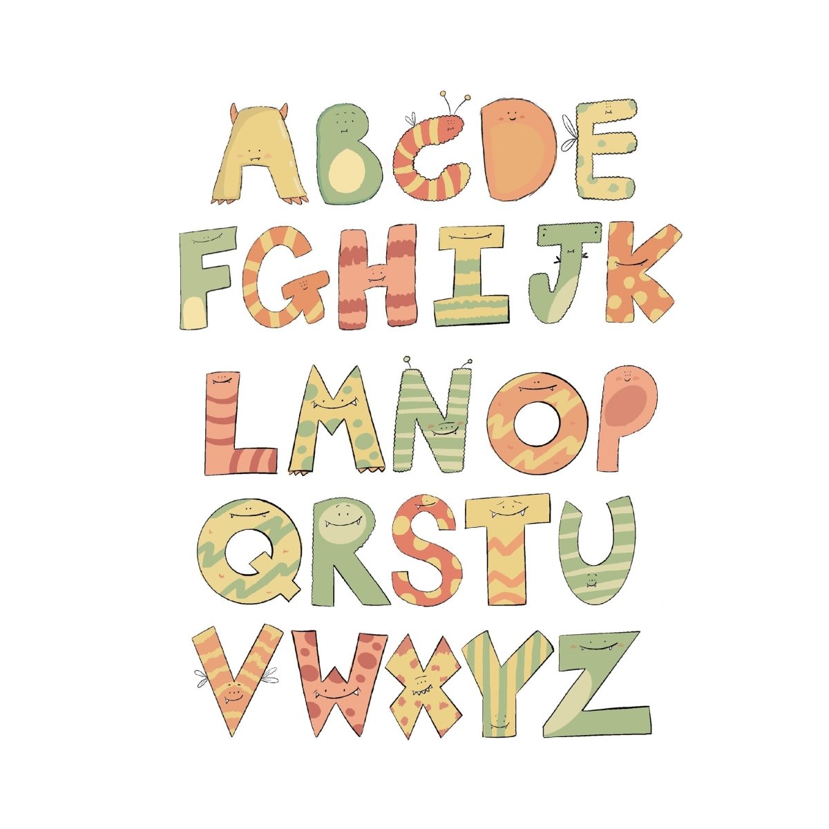 Cartoon alphabet letters on a white background