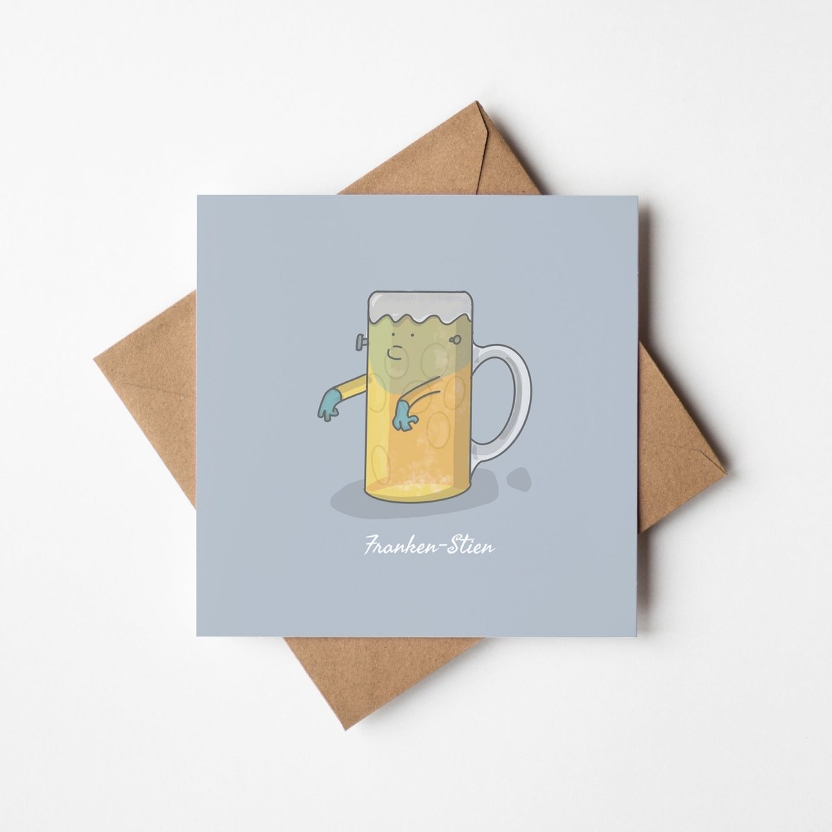Franken-Stein card mockup showing funny beer lover design with kraft envelope