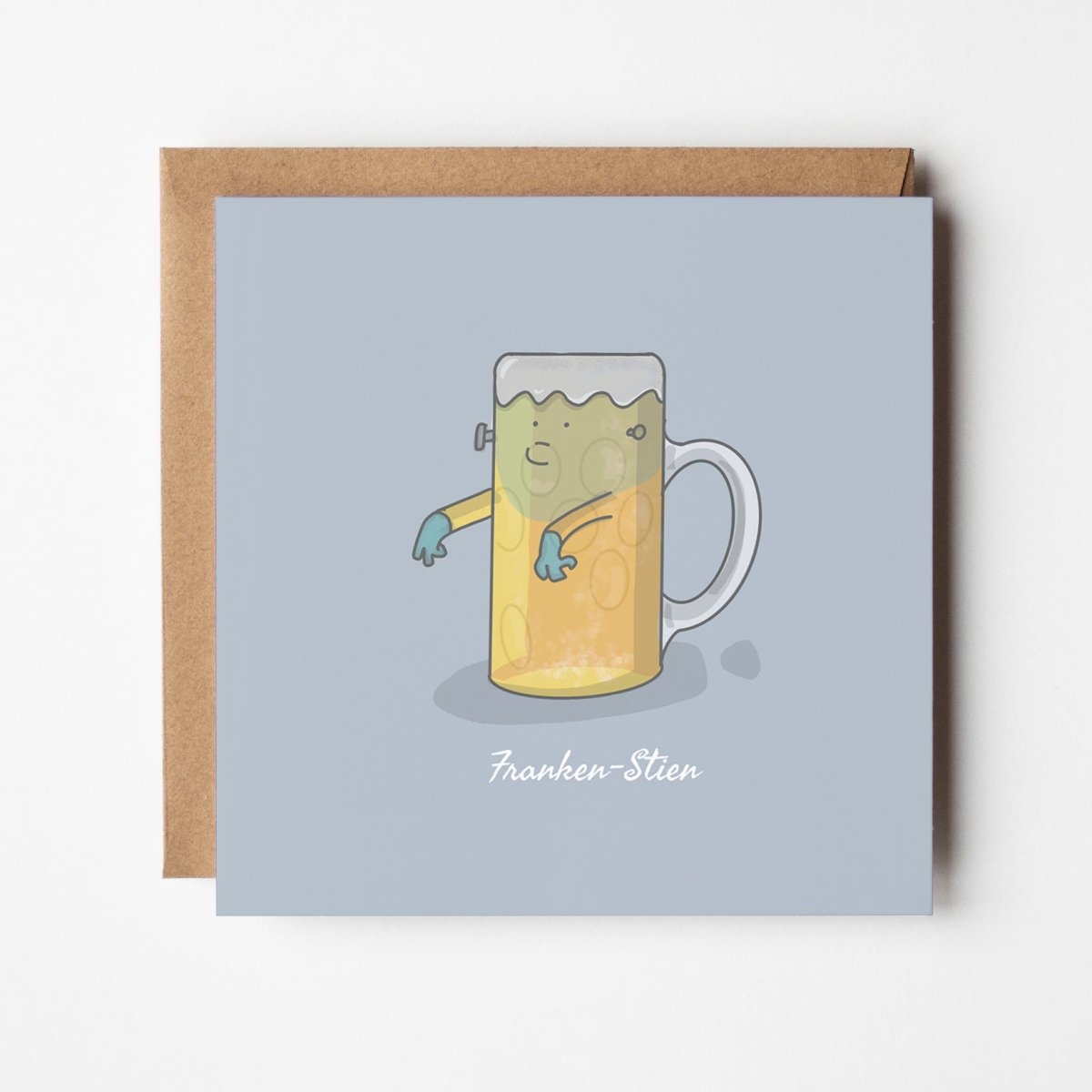 Franken-Stein beer mug greeting card featuring Frankenstein monster in frothy beer glass