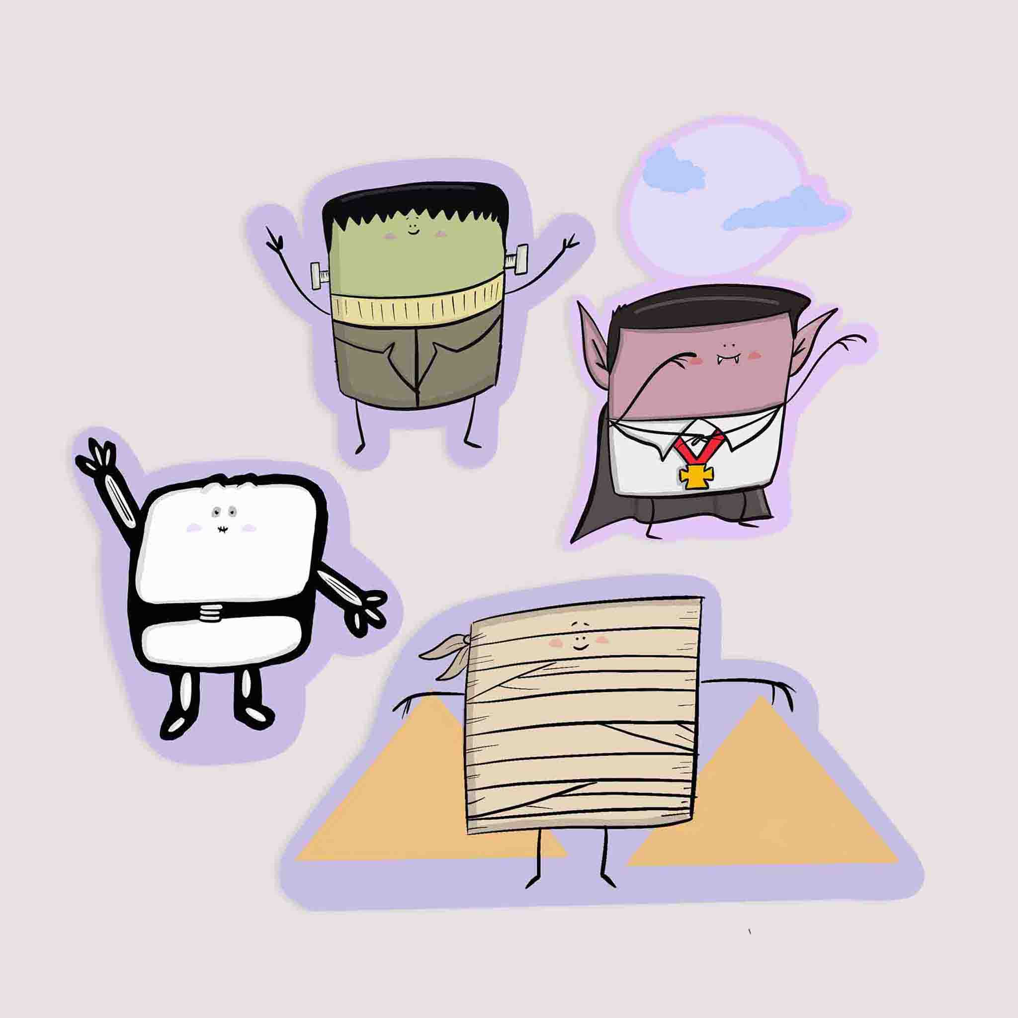 Fun Halloween Monster Set of 4 Stickers – fun and illustrated decorative stickers by Richard Darani