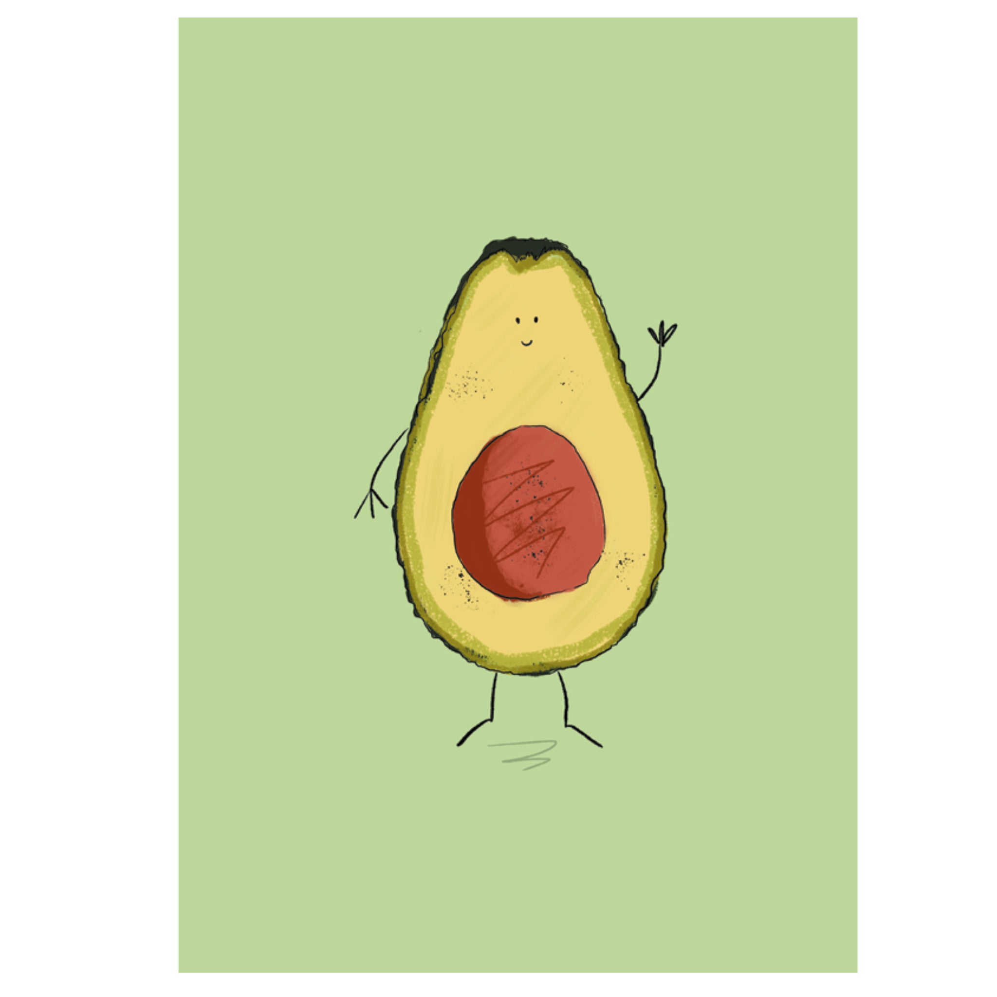 Cartoon avocado character on a green background