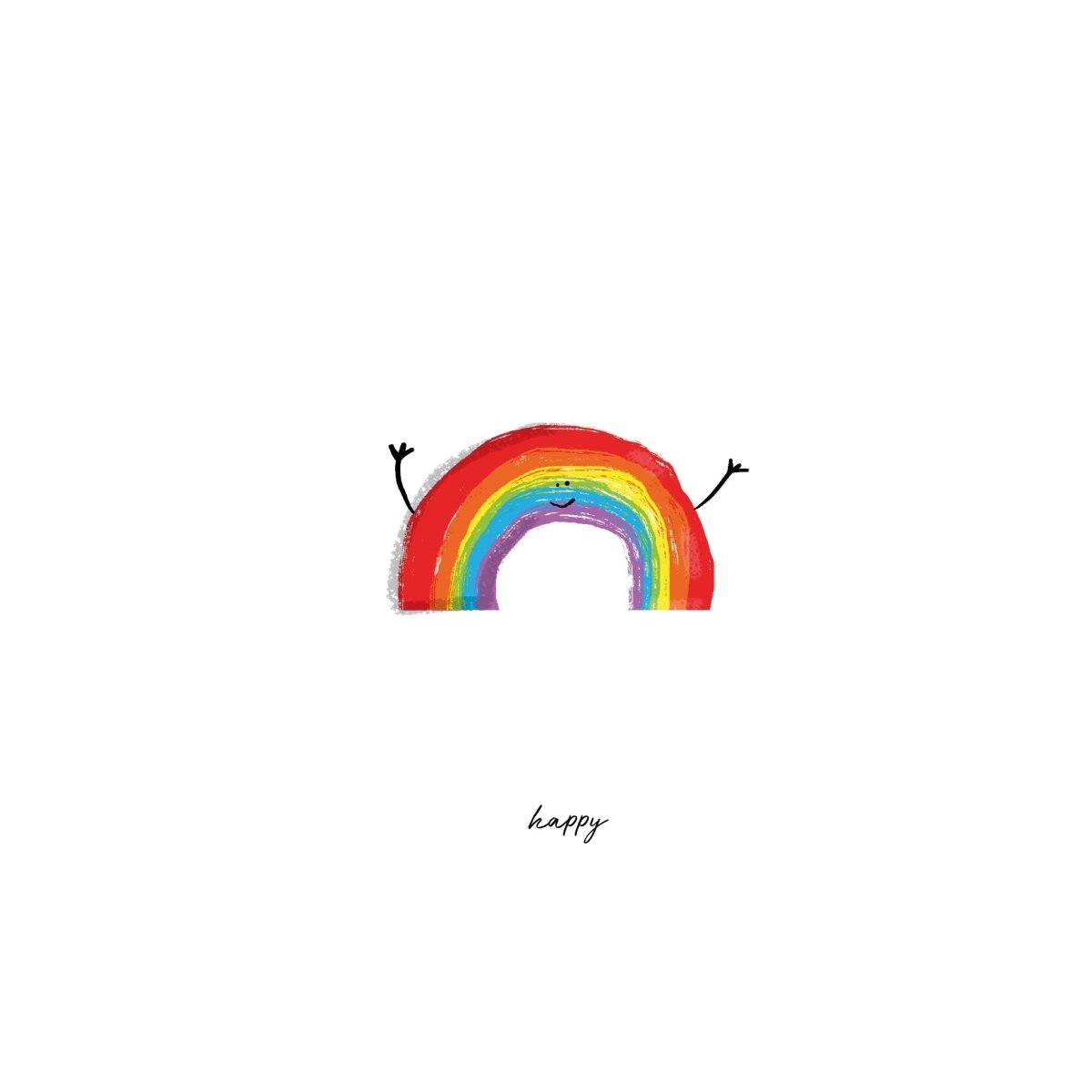 Colorful rainbow with arms and legs on a white background, accompanied by the word 'happy'.