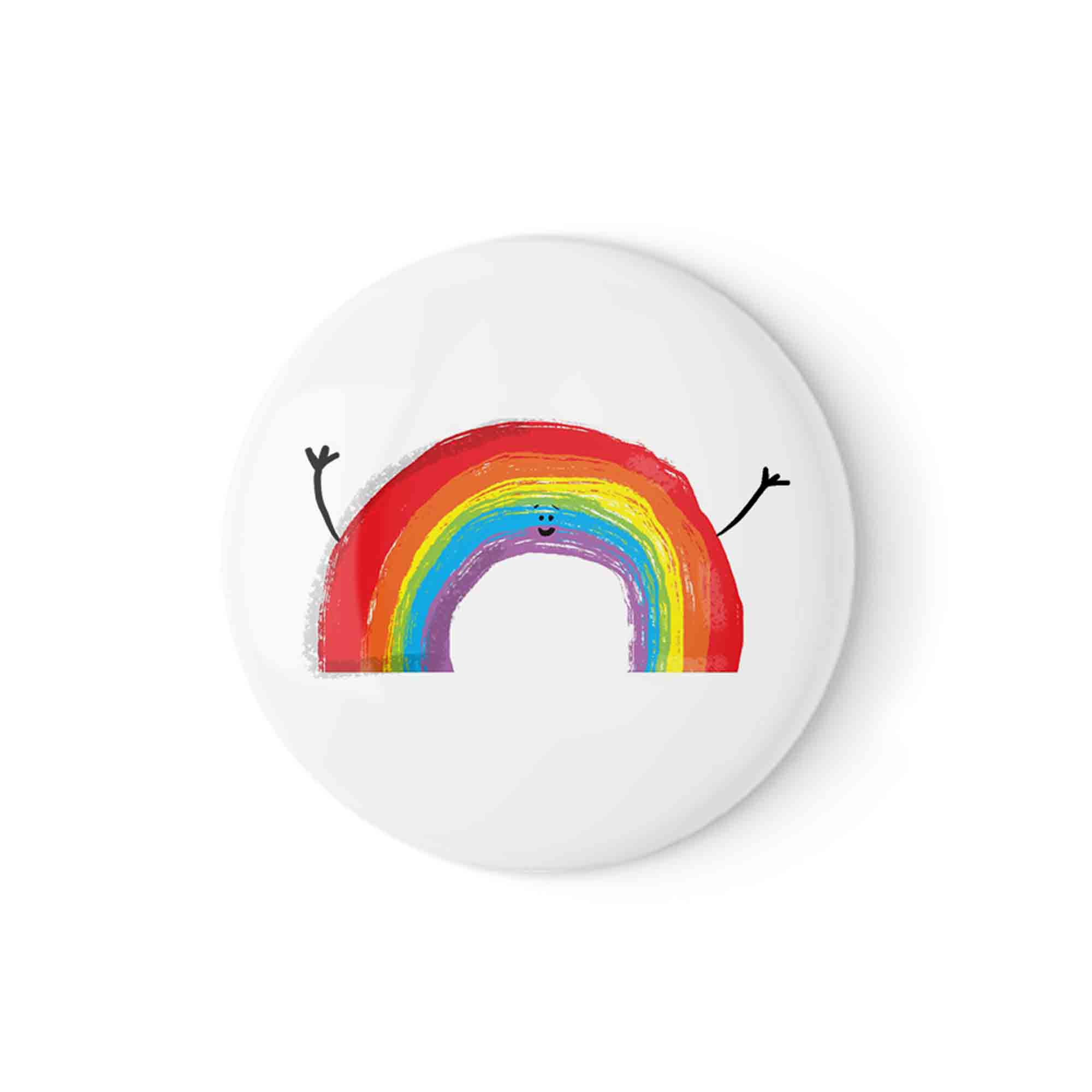 Happy Waving Rainbow Button Pinback Badge – fun and illustrated pinback buttons by Richard Darani