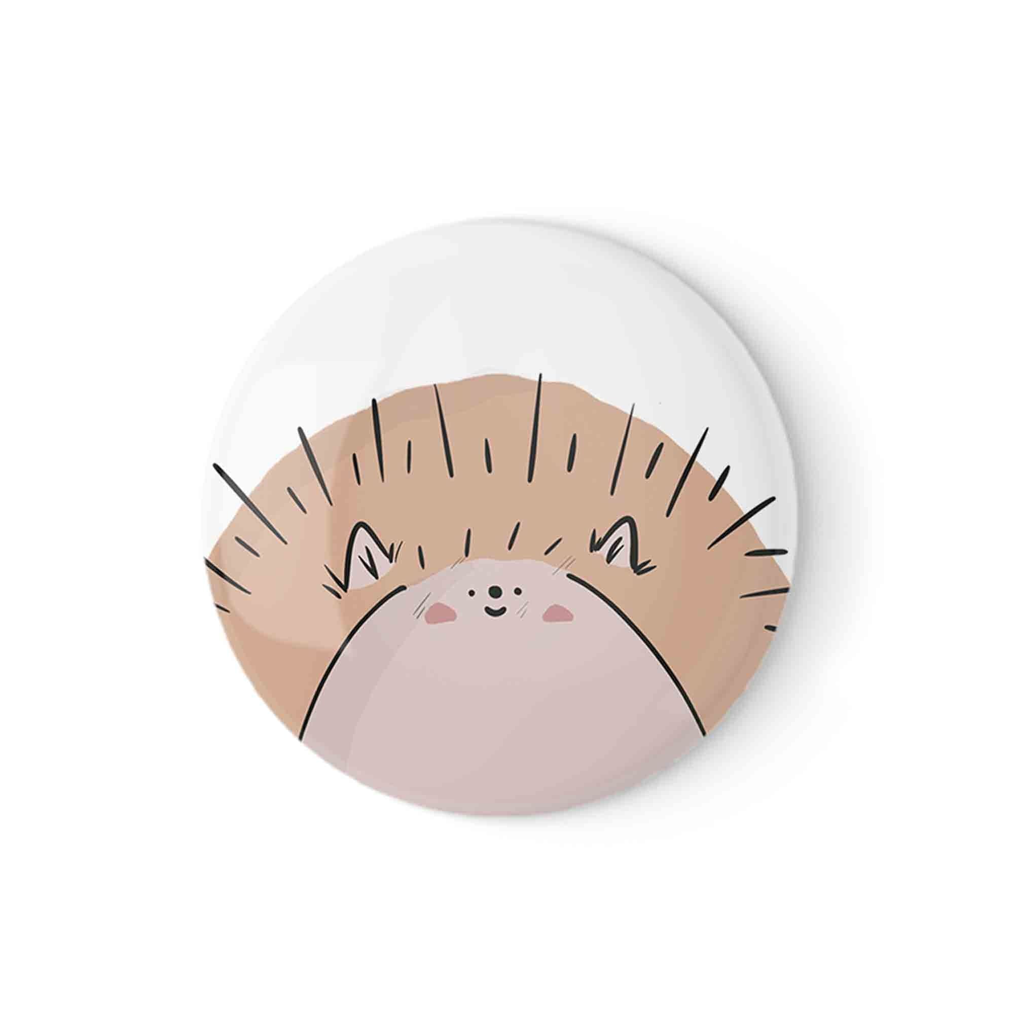 Happy Woodland Hedgehog Pinback Button Badge – fun and illustrated pinback buttons by Richard Darani