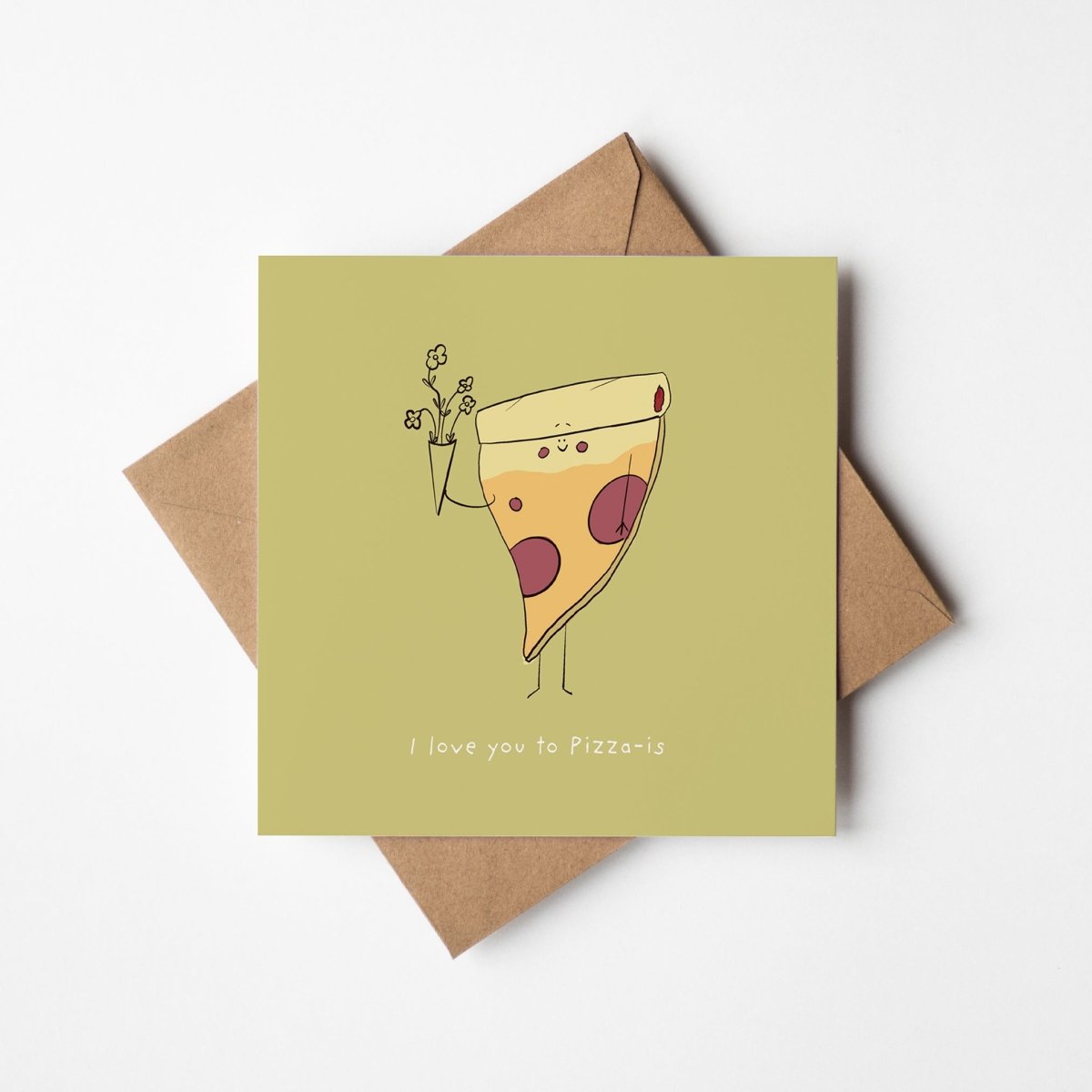 I Love You to Pizza-is greeting card featuring cute kawaii pizza slice with rosy cheeks and bouquet