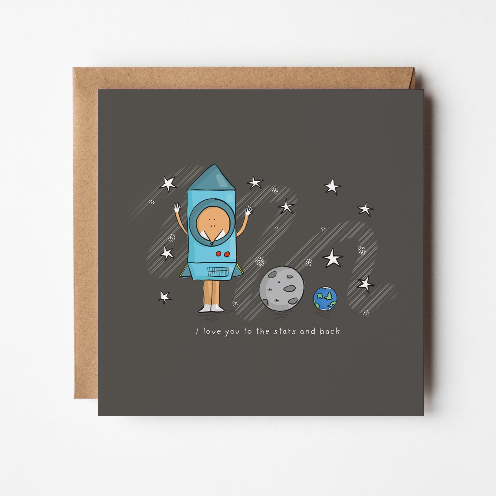 I Love You to the Stars and Back space love card featuring kawaii character in cardboard rocket