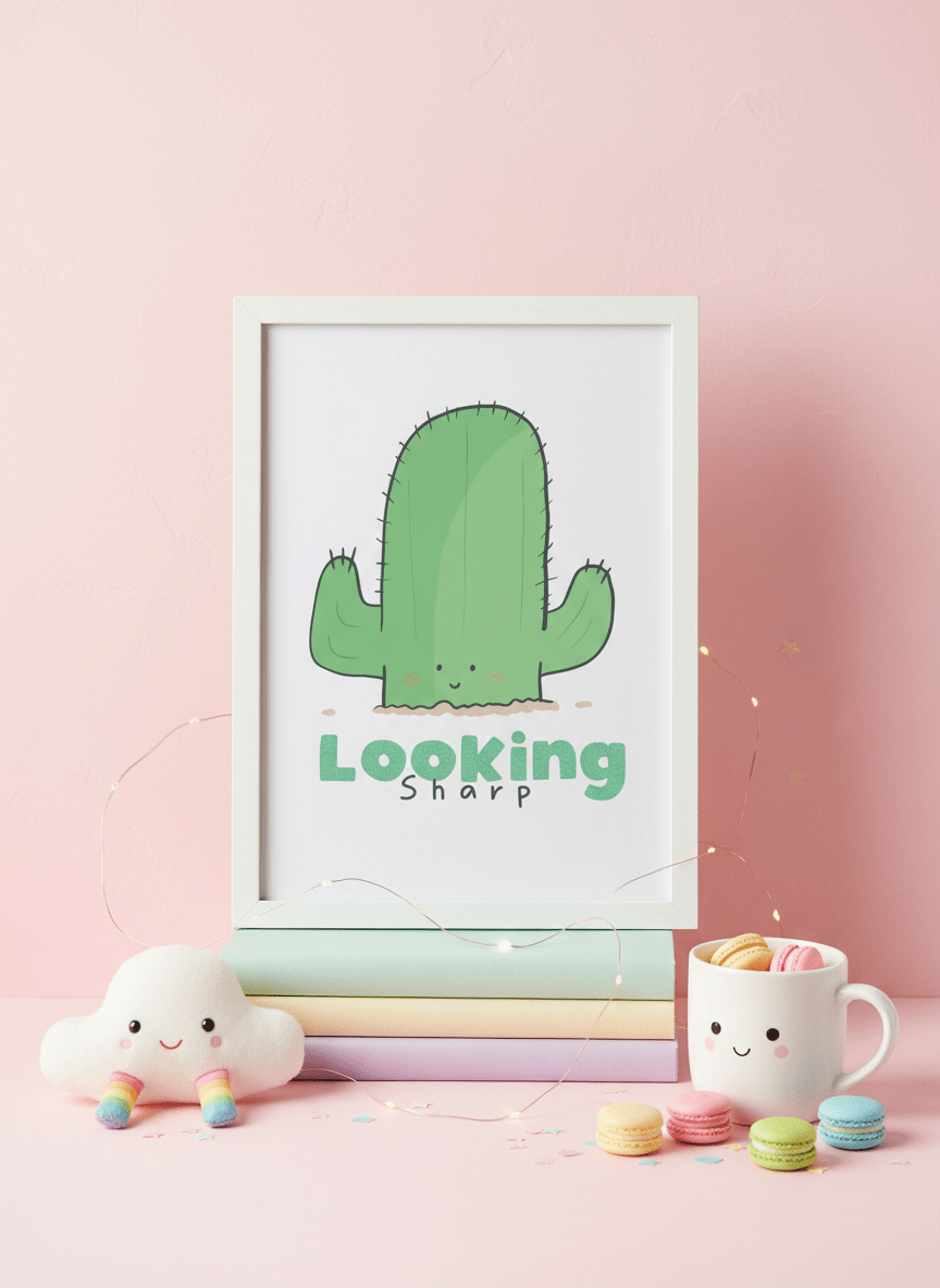 Framed illustration of a cactus with 'Looking Sharp' text on a pink background with decorative items.