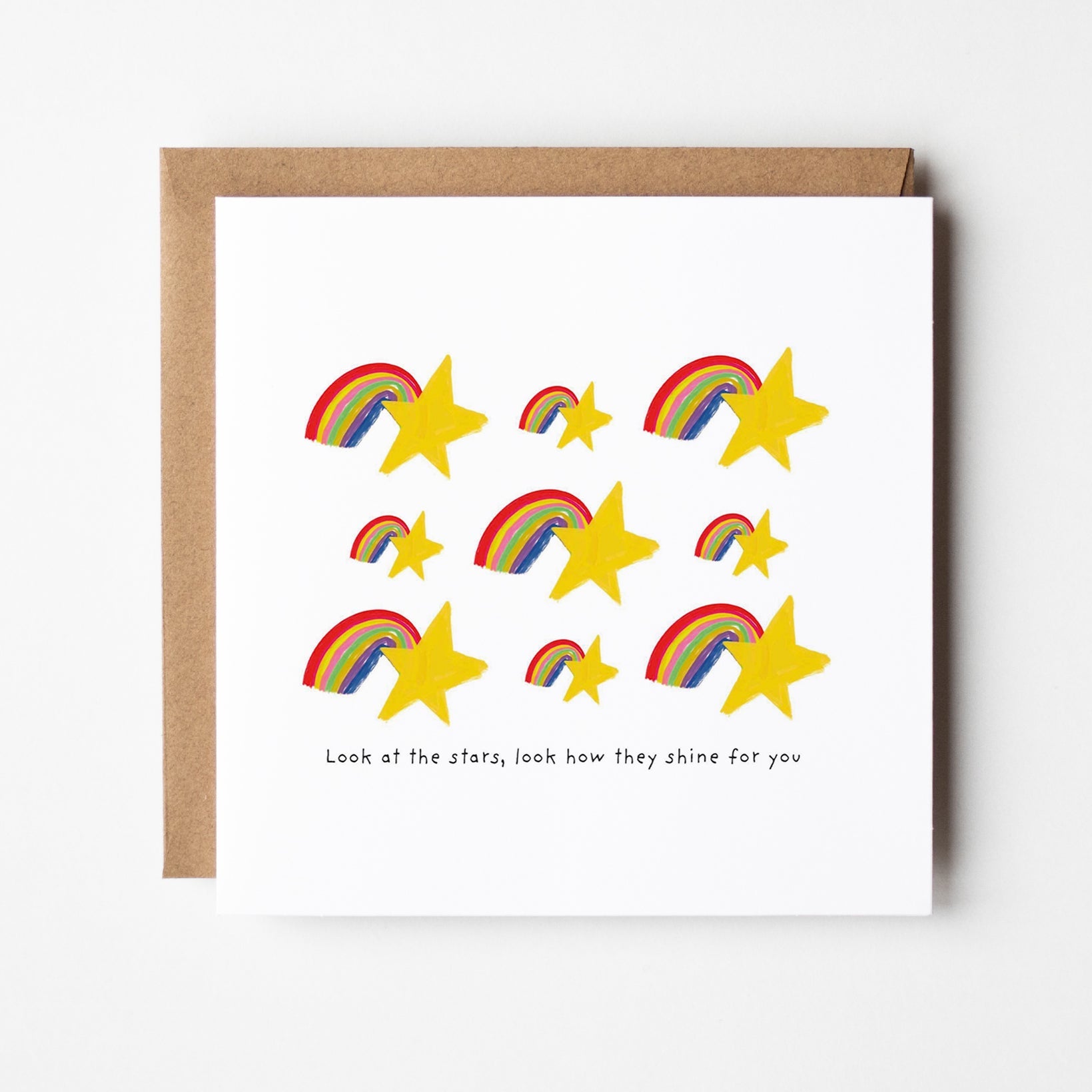 Look at the Stars inspirational card featuring vibrant rainbows and golden stars pattern