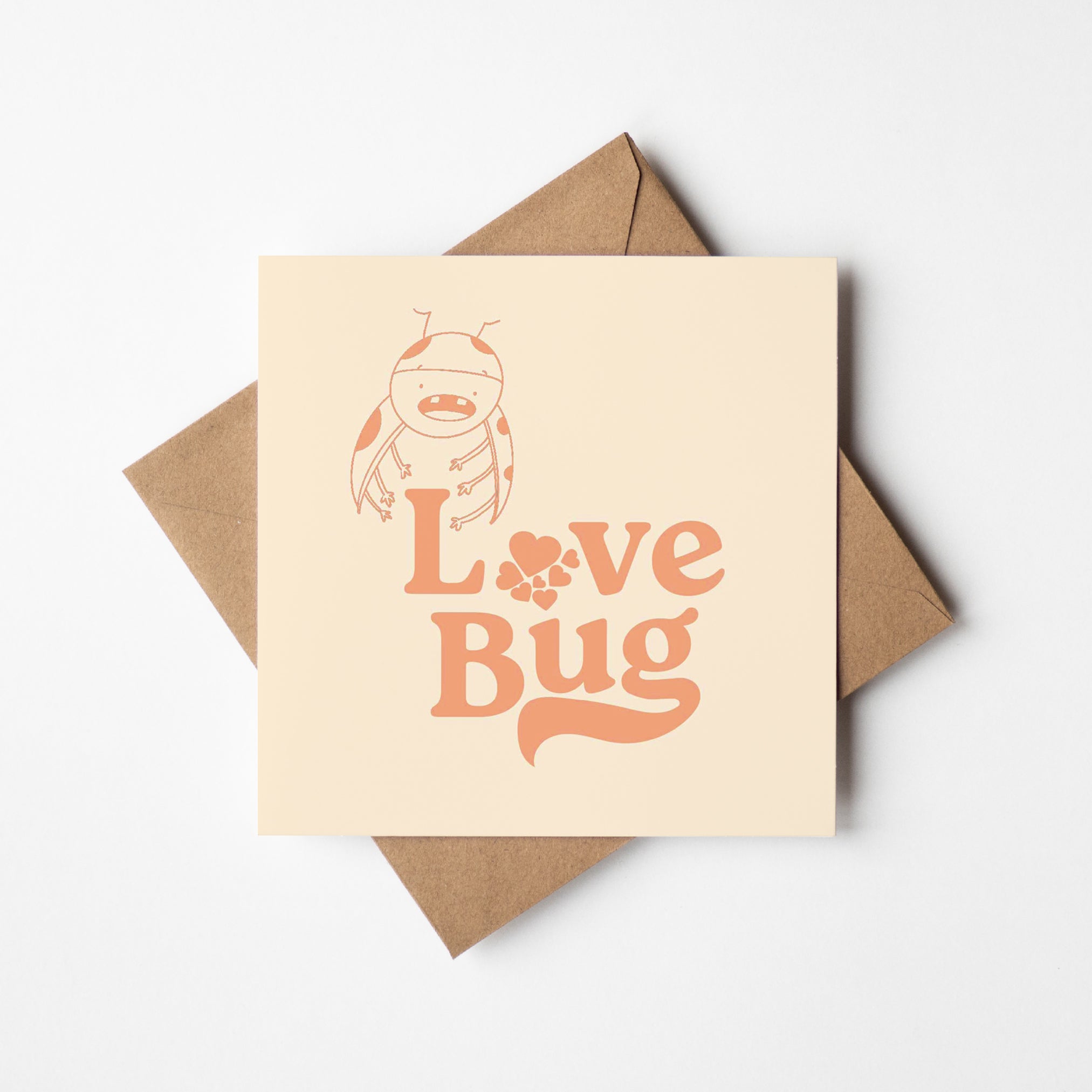 Love bug ladybird beetle card mockup showing sweet romantic design with kraft envelope