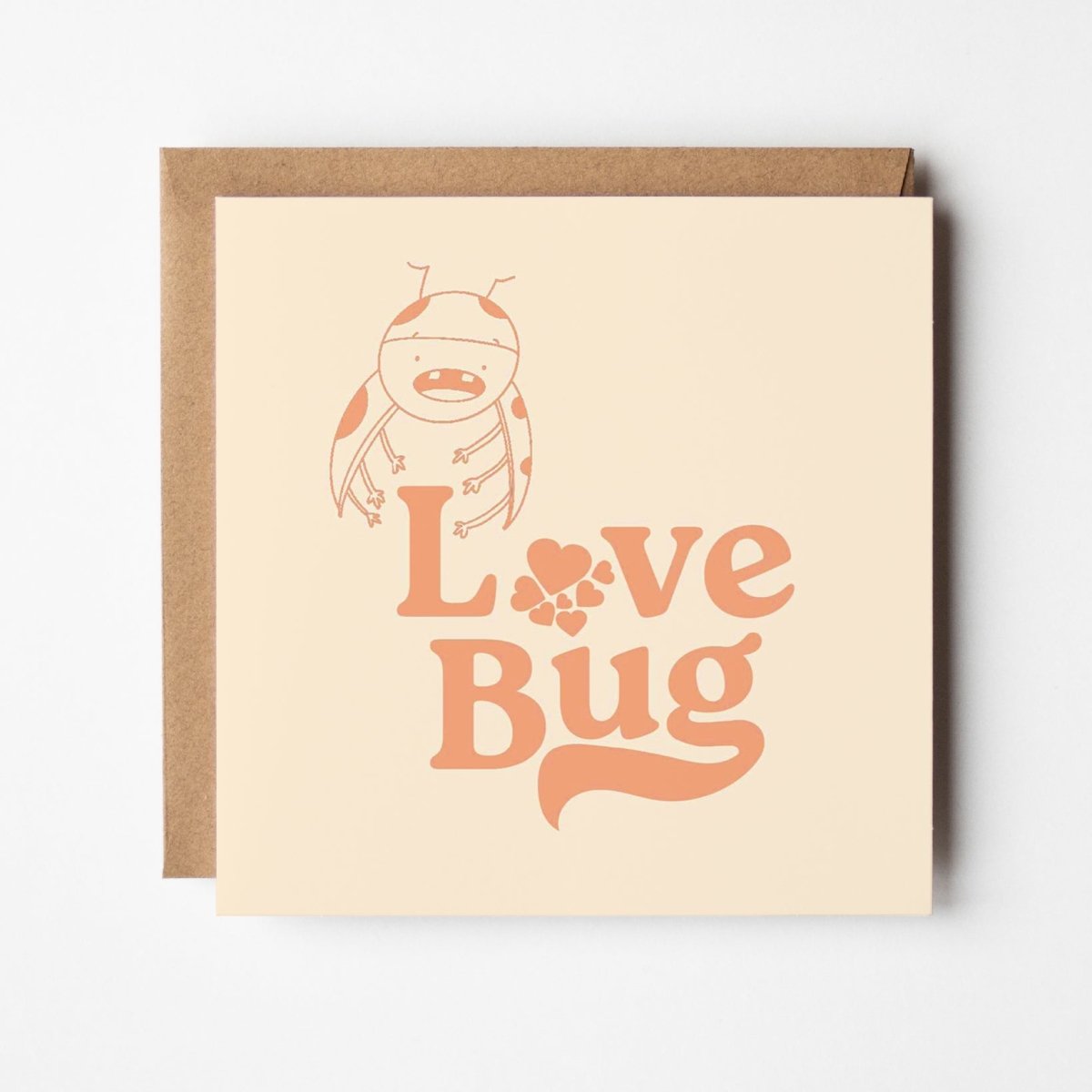 Love Bug greeting card featuring cute kawaii beetle with floral patterns in coral tones