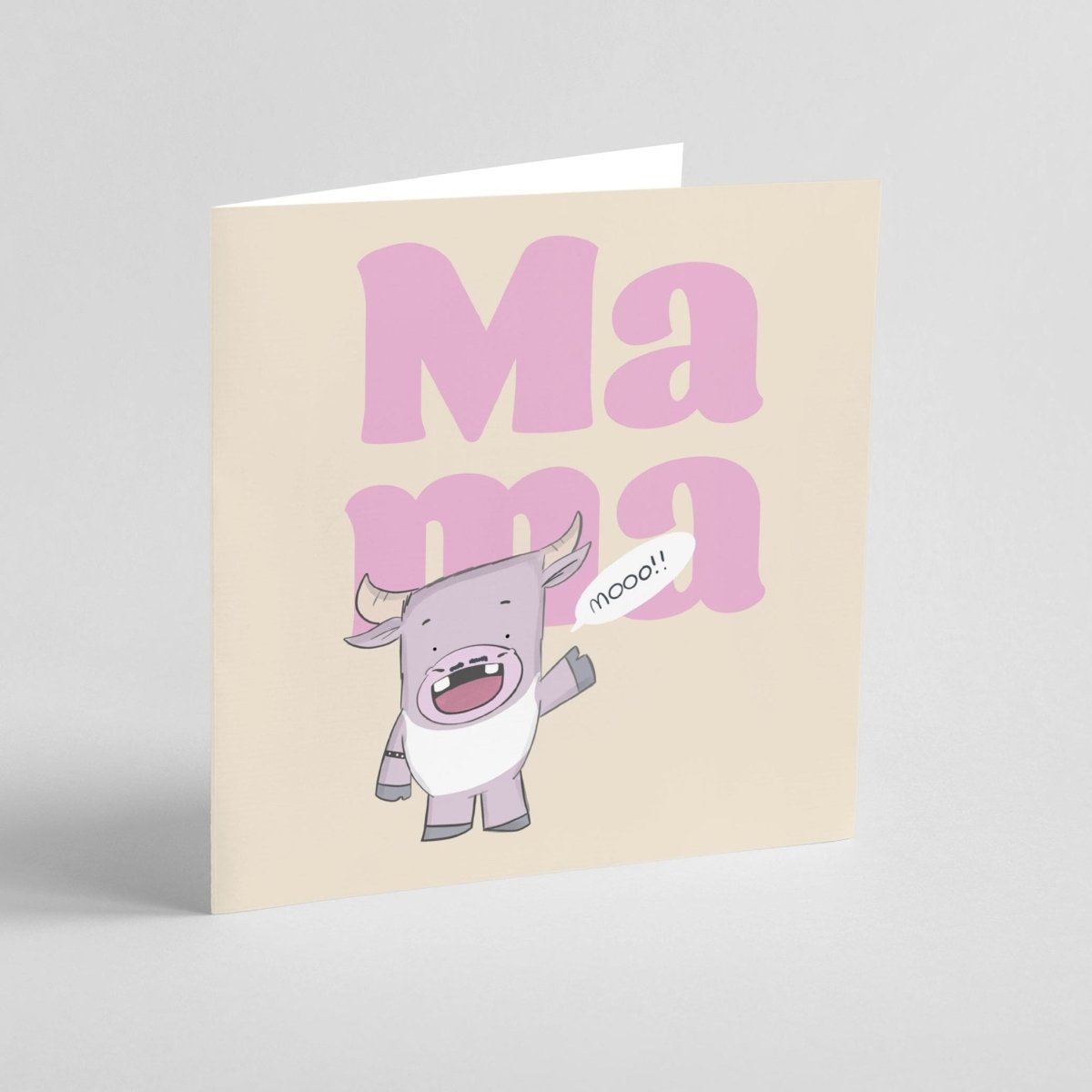 Mother's Day cow card mockup showing adorable punny design with kraft envelope