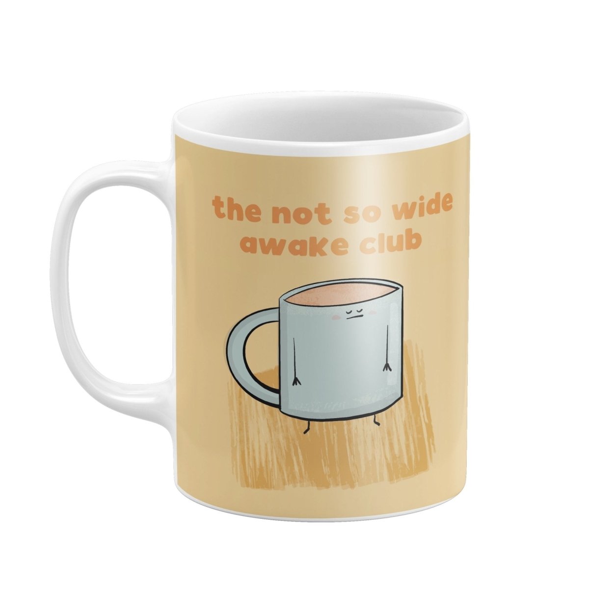 A coffee mug with a cartoon character on it, along with the text "the not so wide awake club" printed on it.