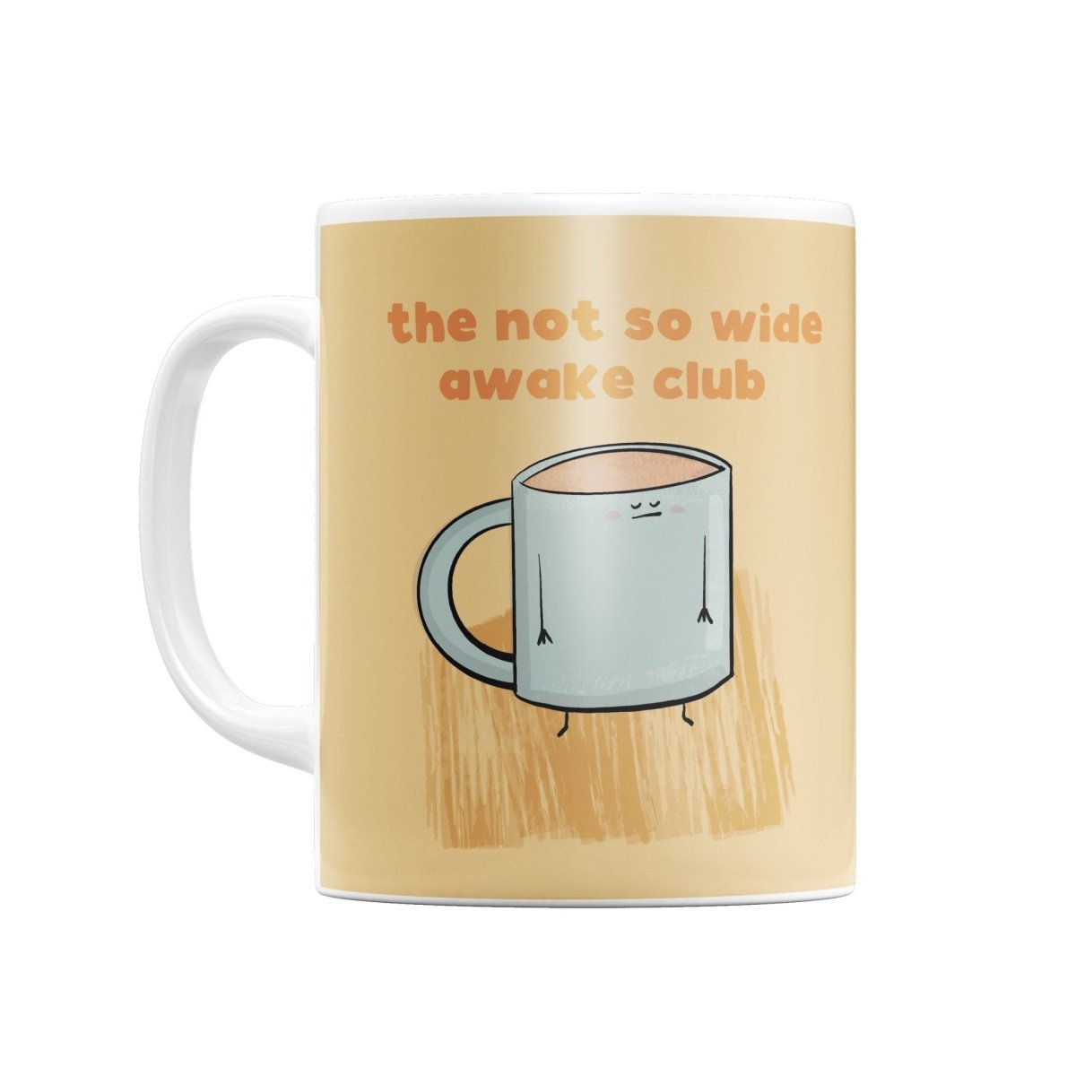 A coffee mug with a cartoon character on it, accompanied by the text "the not so wide awake club".