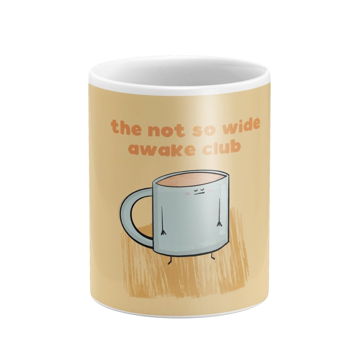 A coffee mug with a cartoon character on it, along with the text "the not so wide awake club" printed on it.