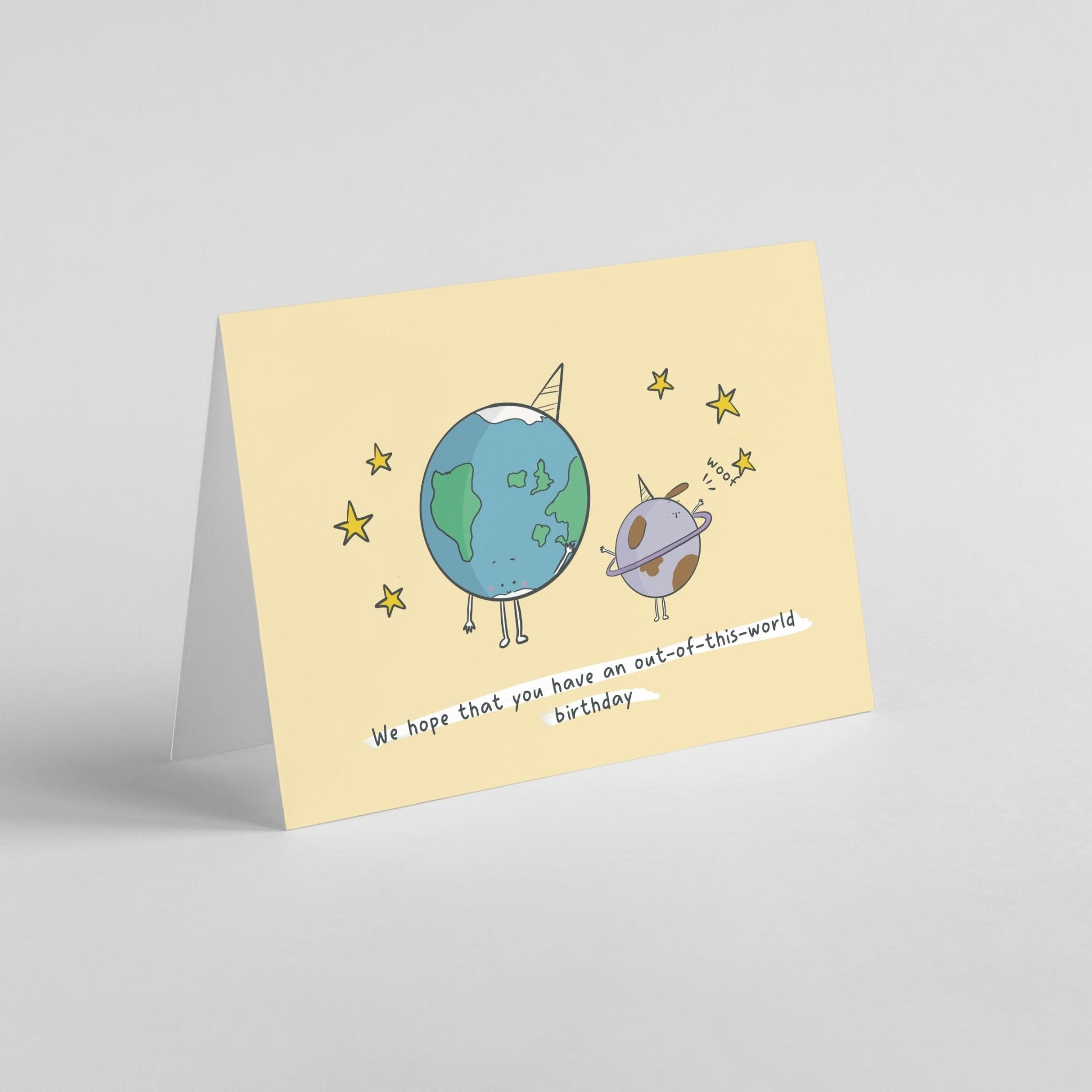 Out - of - This - World Birthday Card β Planet Earth & Saturn Party - Richard DaraniGreeting & Note Cards