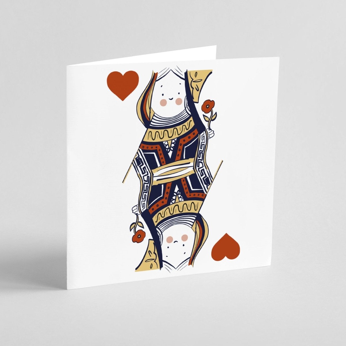 Greeting card with artistic Queen of Hearts illustration on white background