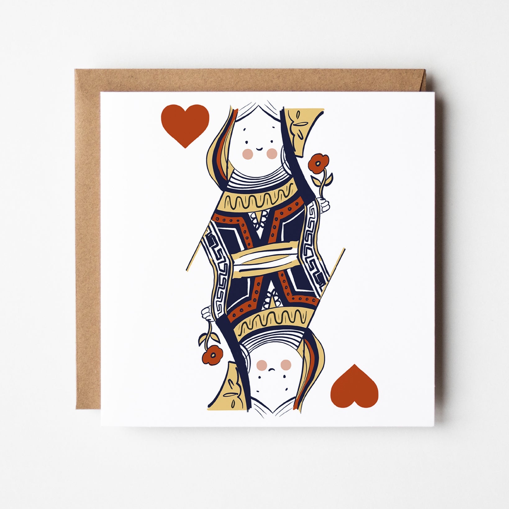Queen of Hearts playing card greeting card featuring illustrated queen character with flowing hair