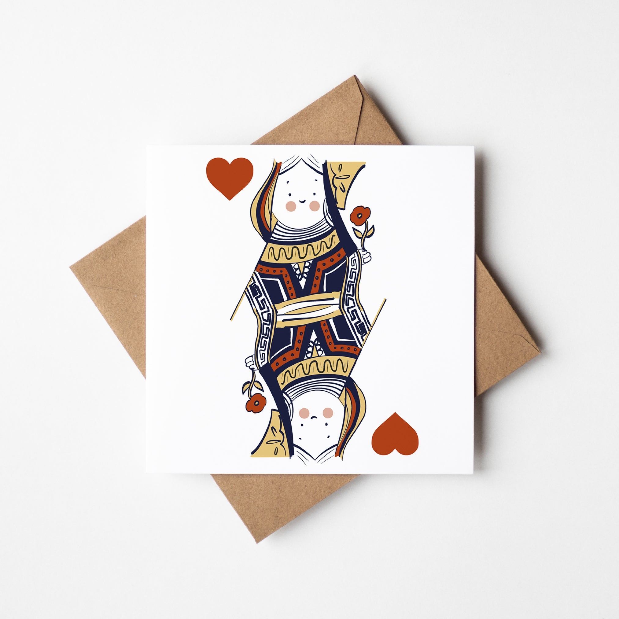 Queen of Hearts card mockup showing whimsical royal character design with kraft envelope