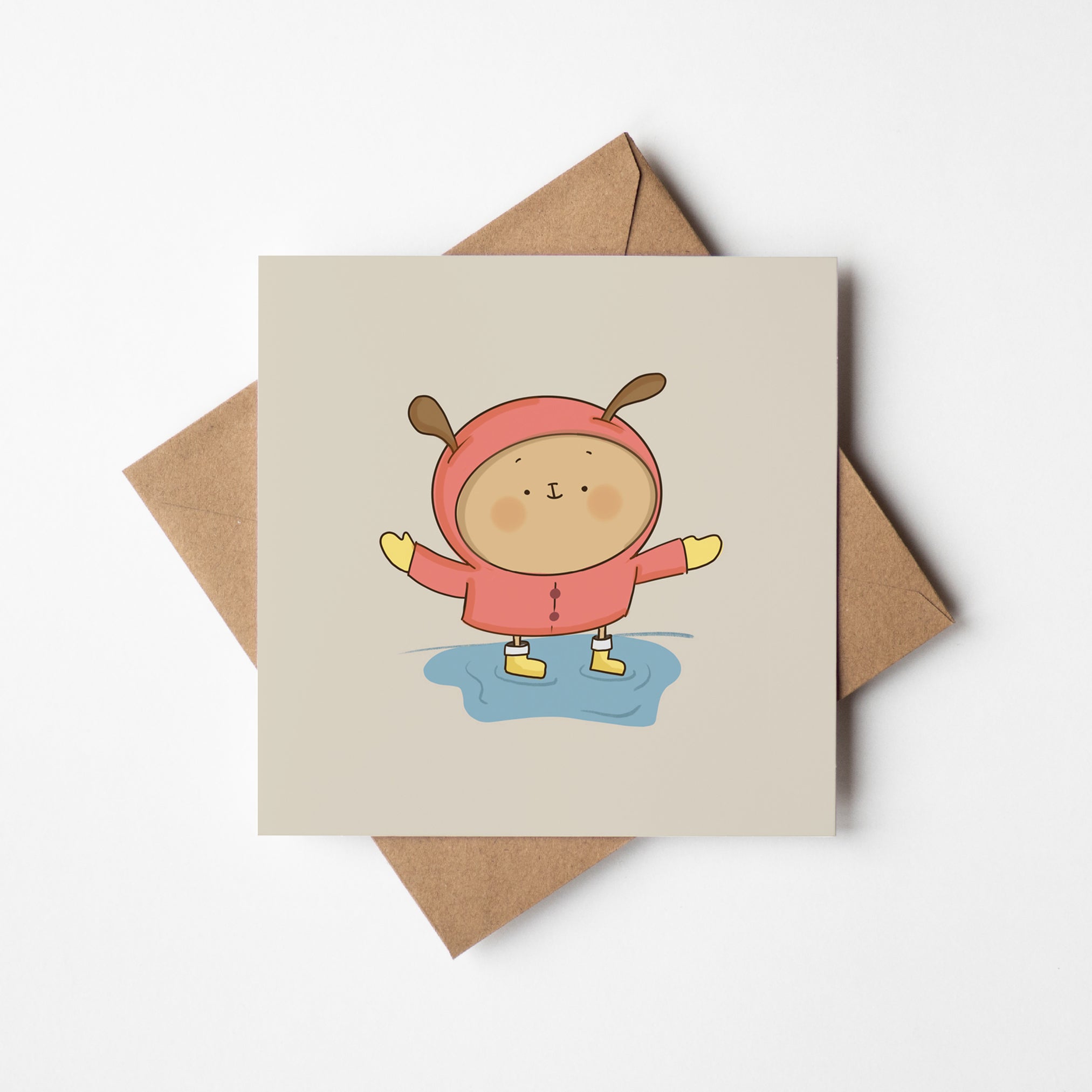 Greeting card with cheerful character wearing yellow mittens on cream background