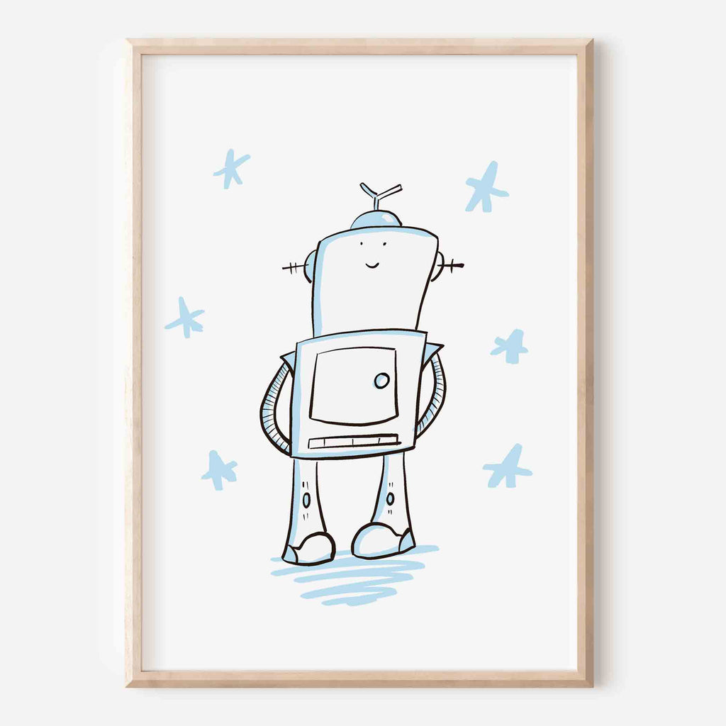 Illustrated art print of a cheerful white robot with blue accents and doodle stars on a cream background, framed in light wood.