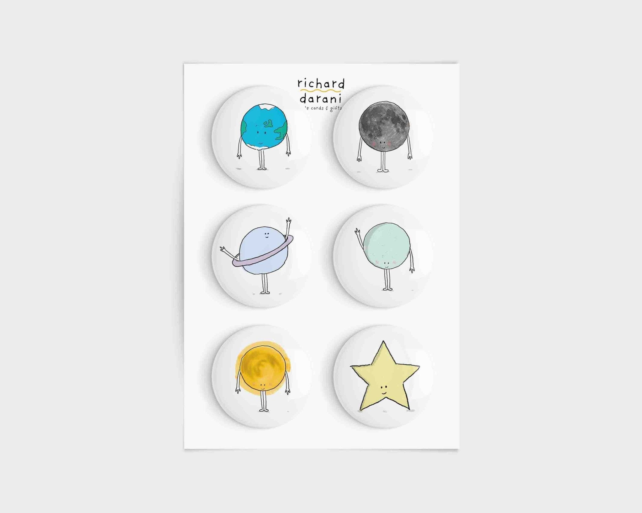 Cute Planet Fridge Magnets - Set of 6 Hand-Pressed Designs – fun and illustrated refrigerator magnets by Richard Darani