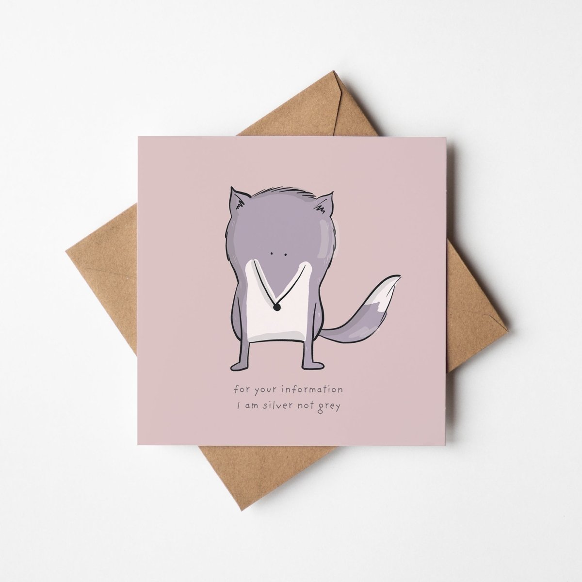 Dapper silver fox greeting card with deadpan expression and kawaii style