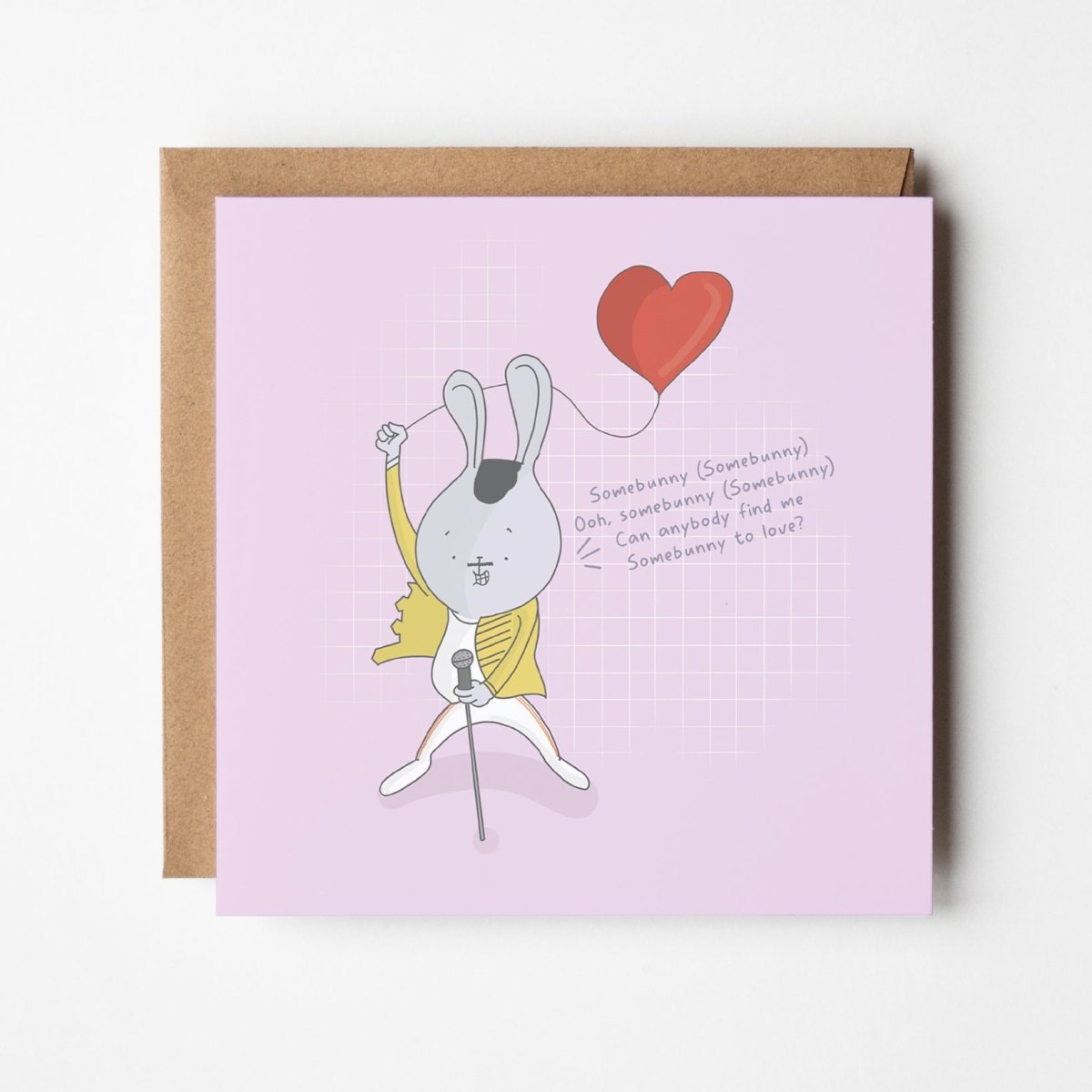 Queen music inspired Valentine's card featuring rock bunny with yellow jacket and microphone