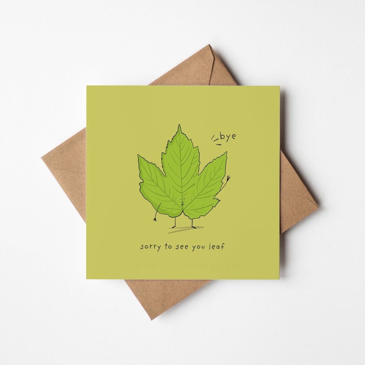 Leaf farewell card mockup showing charming goodbye design with kraft envelope