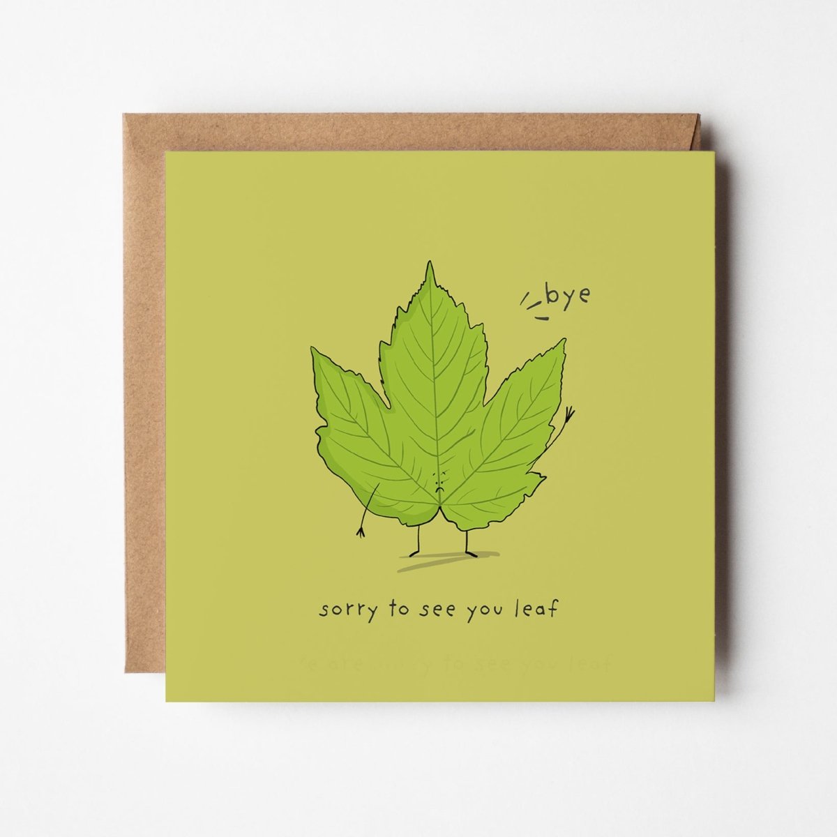Sorry to see you leaf farewell card featuring cute kawaii leaf character waving goodbye