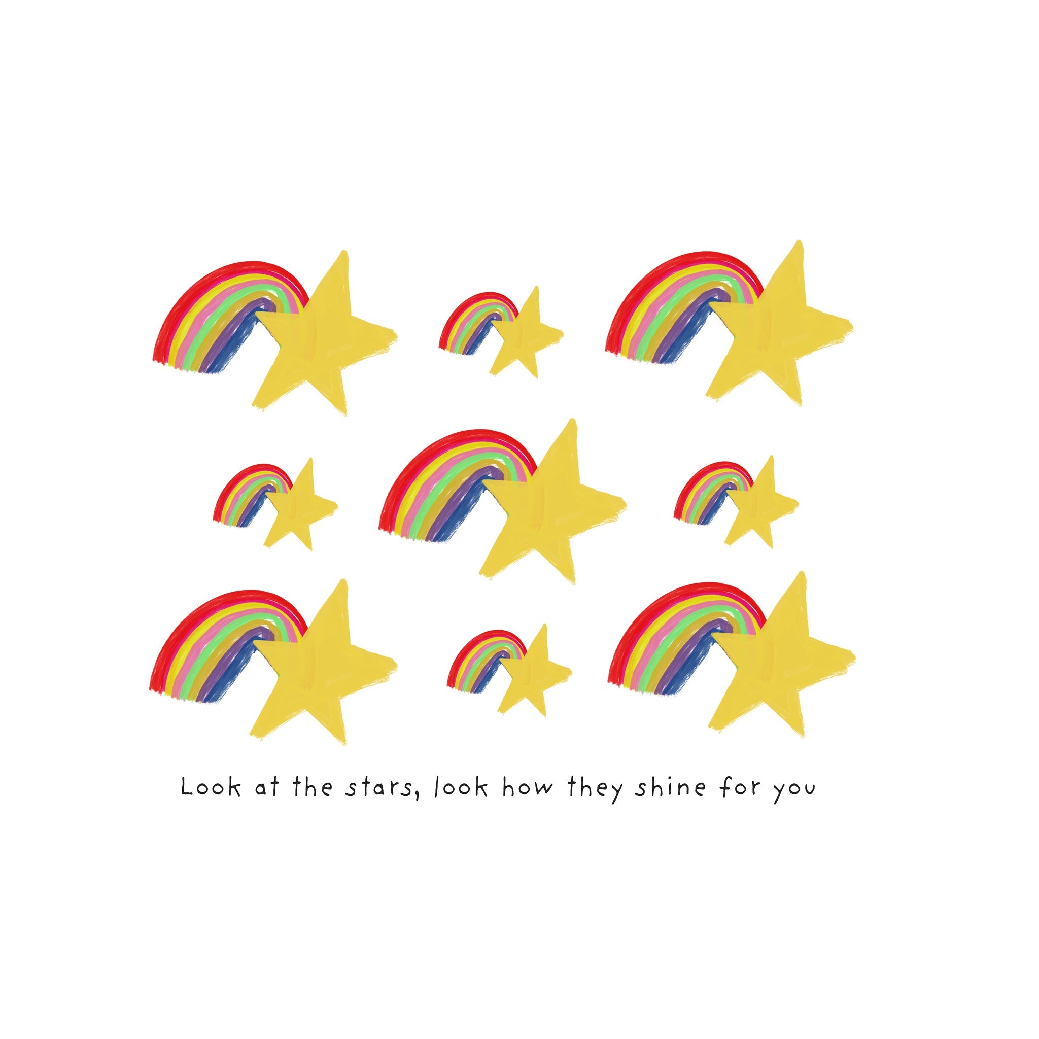 Colorful rainbows and stars on a white background with text.