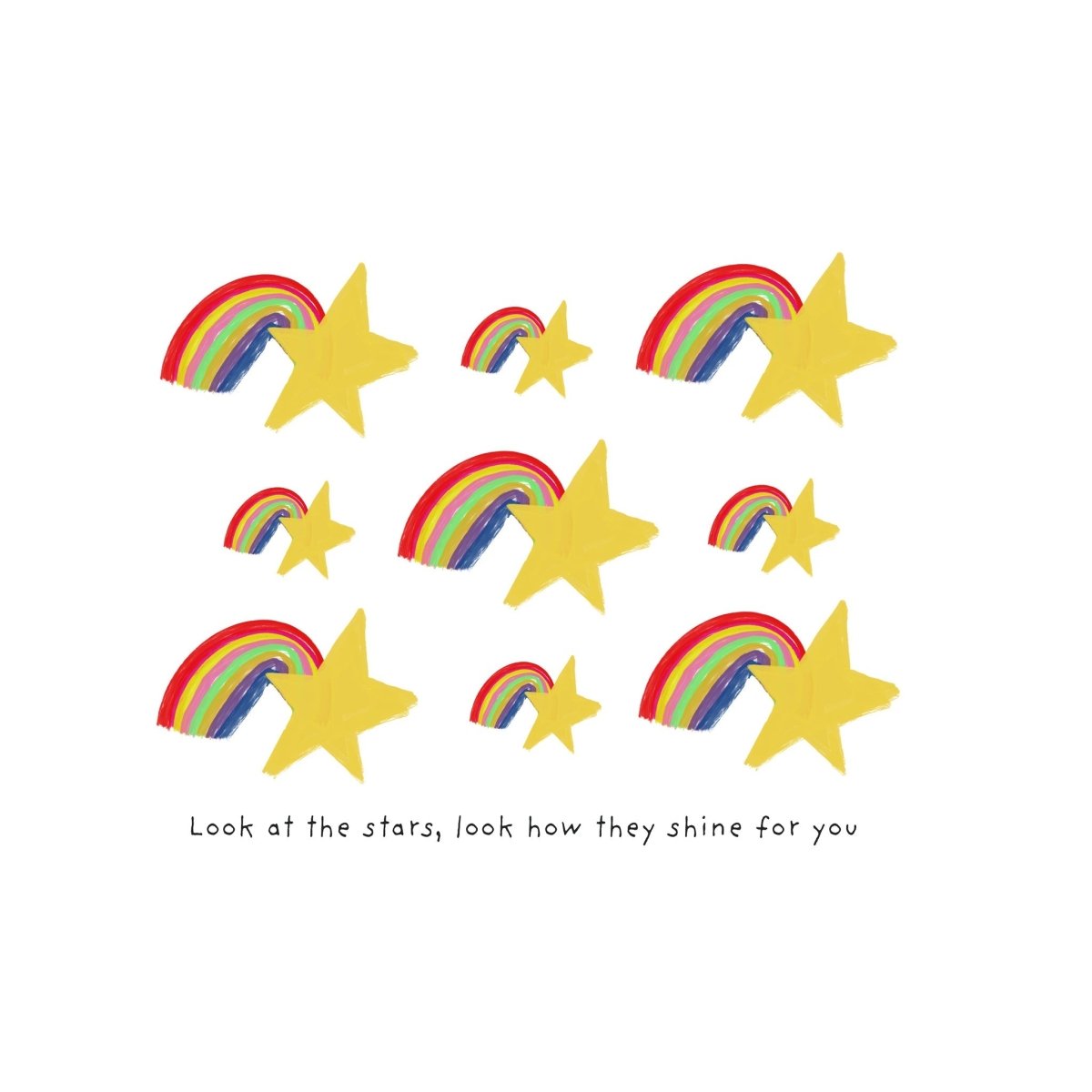 Colorful rainbows and stars on a white background with text.