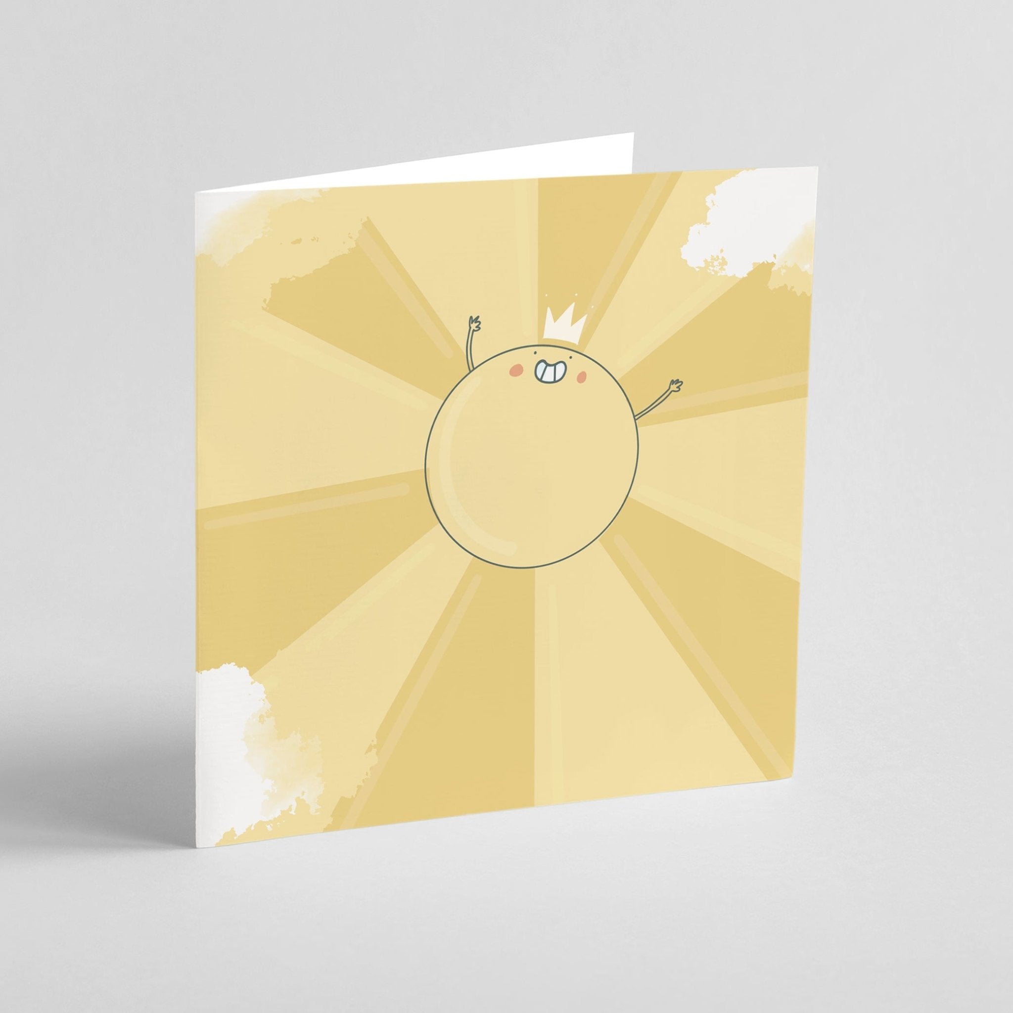 Greeting card with happy sun illustration surrounded by sunbeams and fluffy clouds